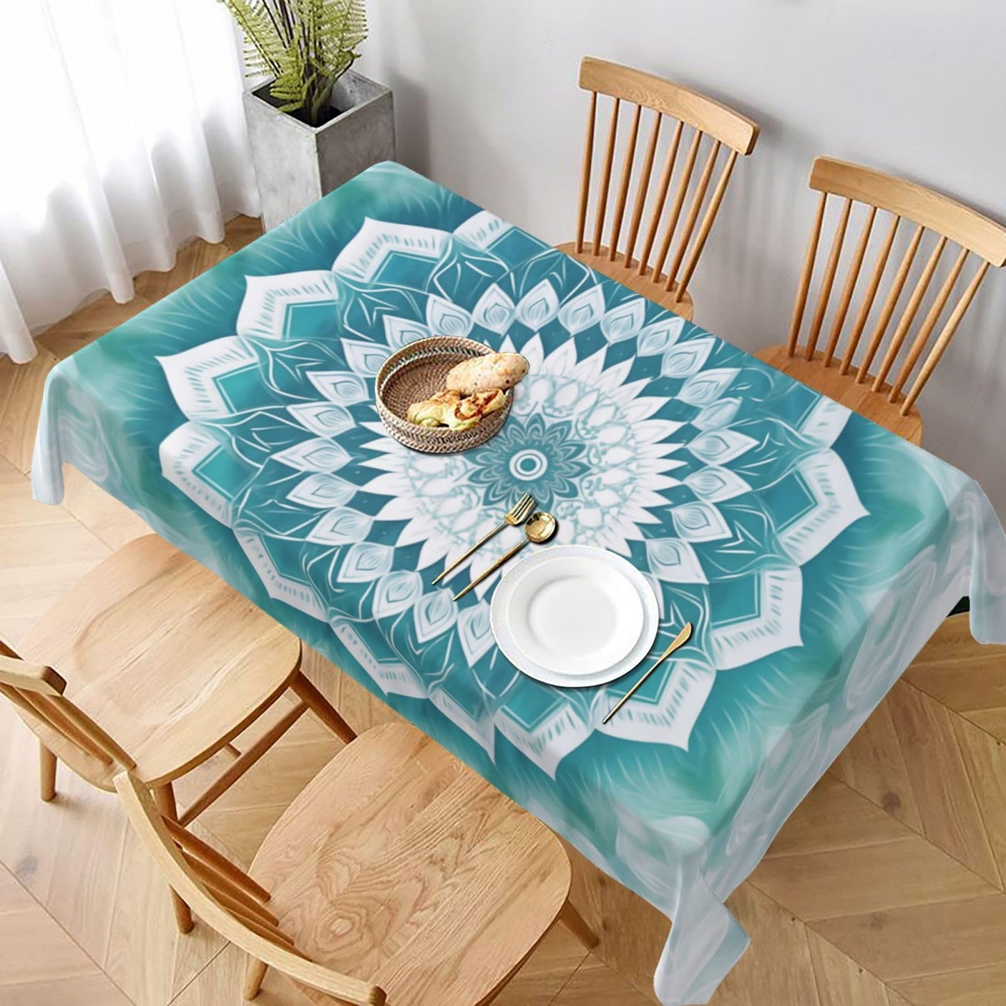 mutakin Blue Mandala Flower Rectangle Tablecloth Washable Table Cloth 60x90 Inch Table Cover Waterproof for Decoration Kitchen Dining Room