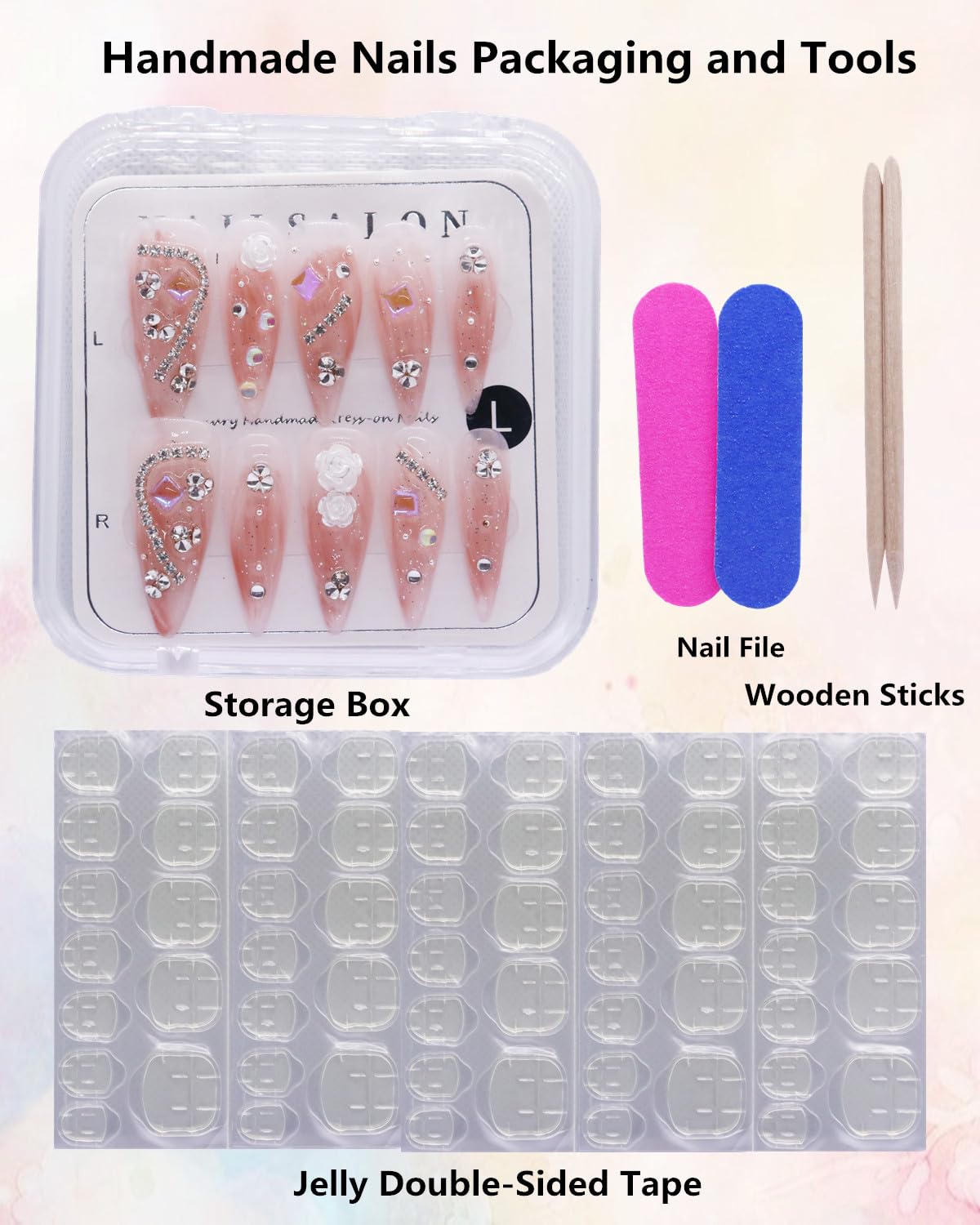 CAMILCY Handmade Press on Nails Long Stiletto Glossy Nude Pink Fake Nails with 3D Flowers Rhinestones Luxury Crystal Bling Acrylic Nails Reusable Stick on Nails for Women (B04, M)