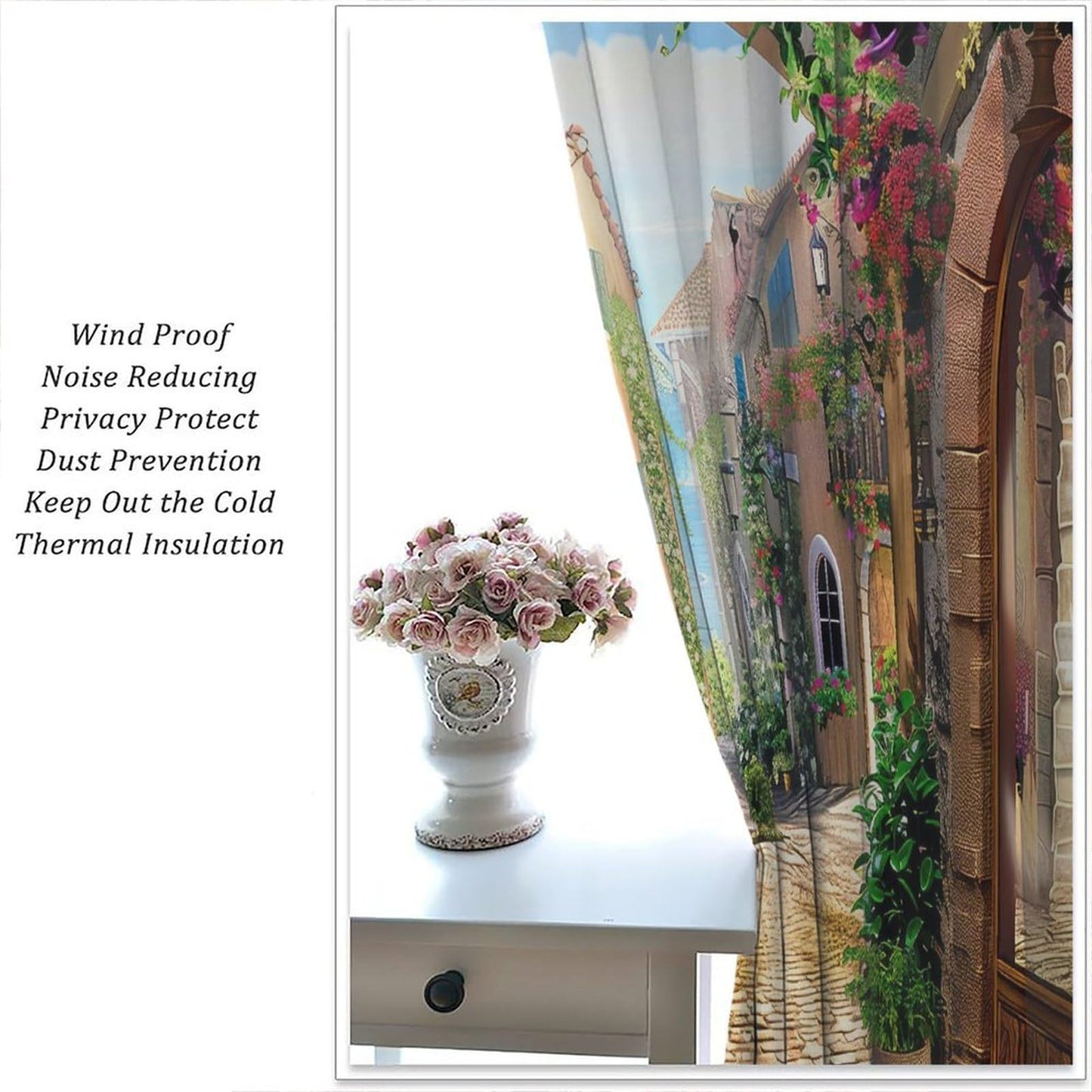 GoDazzling European Italian Curtains, Old Mediterranean Street Stone Rock House Floral Porches Pastoral Town Scenery Window Drapes, for Living Room Bedroom 41" W X 45" L (No Blackout)