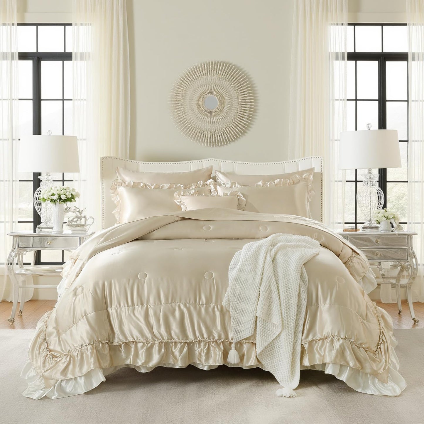 Bedbay Satin King Size Comforter Set with Sheets,Shabby Ruffled Bed Comforter 8 Pcs,Elegant Ruffle Room Decor Aesthetic Comforter King Bed in a Bag Set,Silk Like Satin Luxury Silky Bed Set