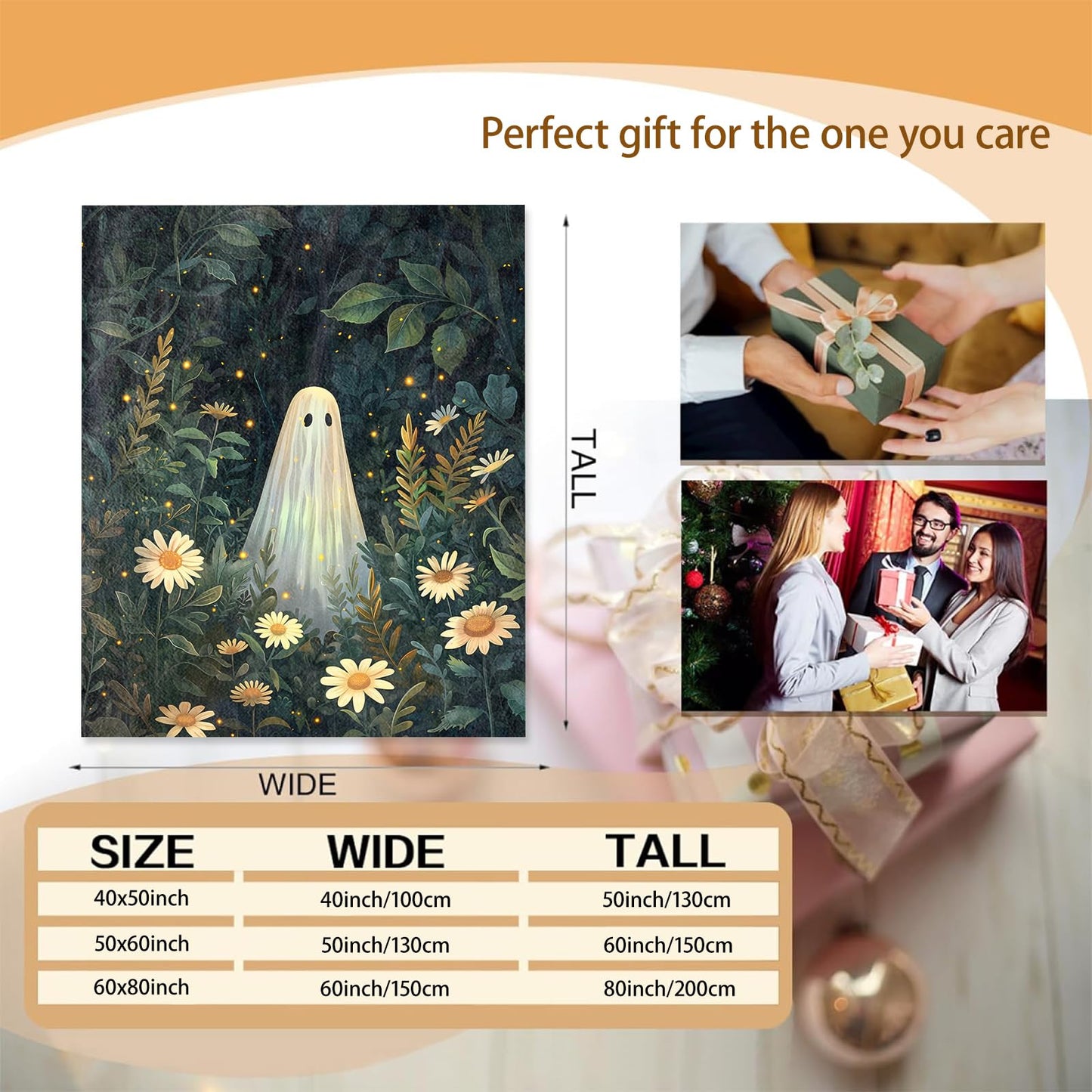 Cute Ghost Blanket Gifts for Women Girls Kids, Soft Warm Halloween Ghost Forest Floral Throw Blankets for Living Room Sofa Home Bedroom Decor 50" x 60"