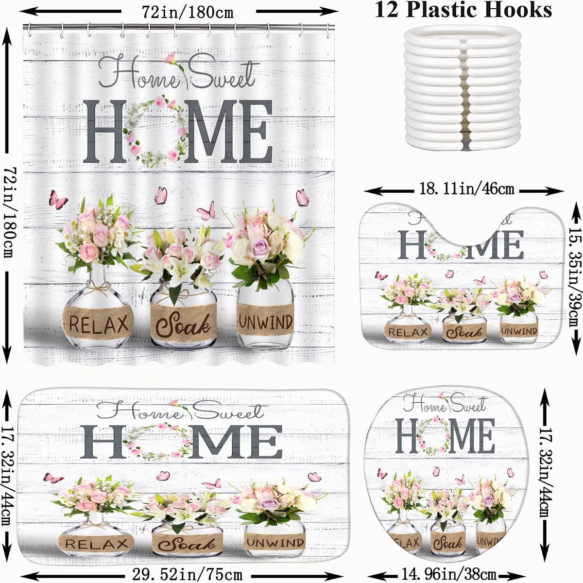 ALEXEX 4 PCS Pink Roses and Lilies Shower Curtain Sets,Home Sweet Bathroom Set with Shower Curtain and Rugs and Accessories,Farmhouse Country Shower Curtain Bathroom Decor with 12 Hooks,72 X 72 Inches