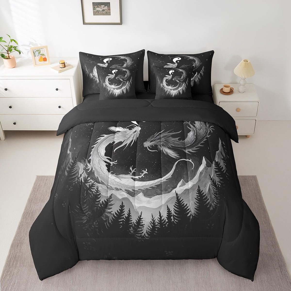7 Pieces Dragon Taiji Comforter Set Queen,Japanese Style Bed Set for Kids Boys Girls,Glitter Star Pine Tree Bedding(1 Comforter,1 Fitted Sheet,1 Flat Sheet,2 Pillowcases,2 Throw Pillow Covers