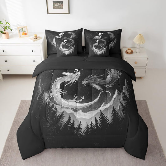 7 Pieces Dragon Taiji Comforter Set Queen,Japanese Style Bed Set for Kids Boys Girls,Glitter Star Pine Tree Bedding(1 Comforter,1 Fitted Sheet,1 Flat Sheet,2 Pillowcases,2 Throw Pillow Covers
