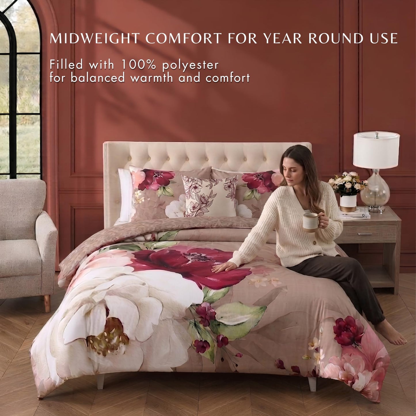 Bebejan Florence King Size Comforter Set - 5 Piece Reversible Bedding Set, 100% Cotton Sateen, Soft & Smooth - All Season Luxury King Comforter Set 1 Comforter, 2 Shams & 2 Pillows (King/Cal King)