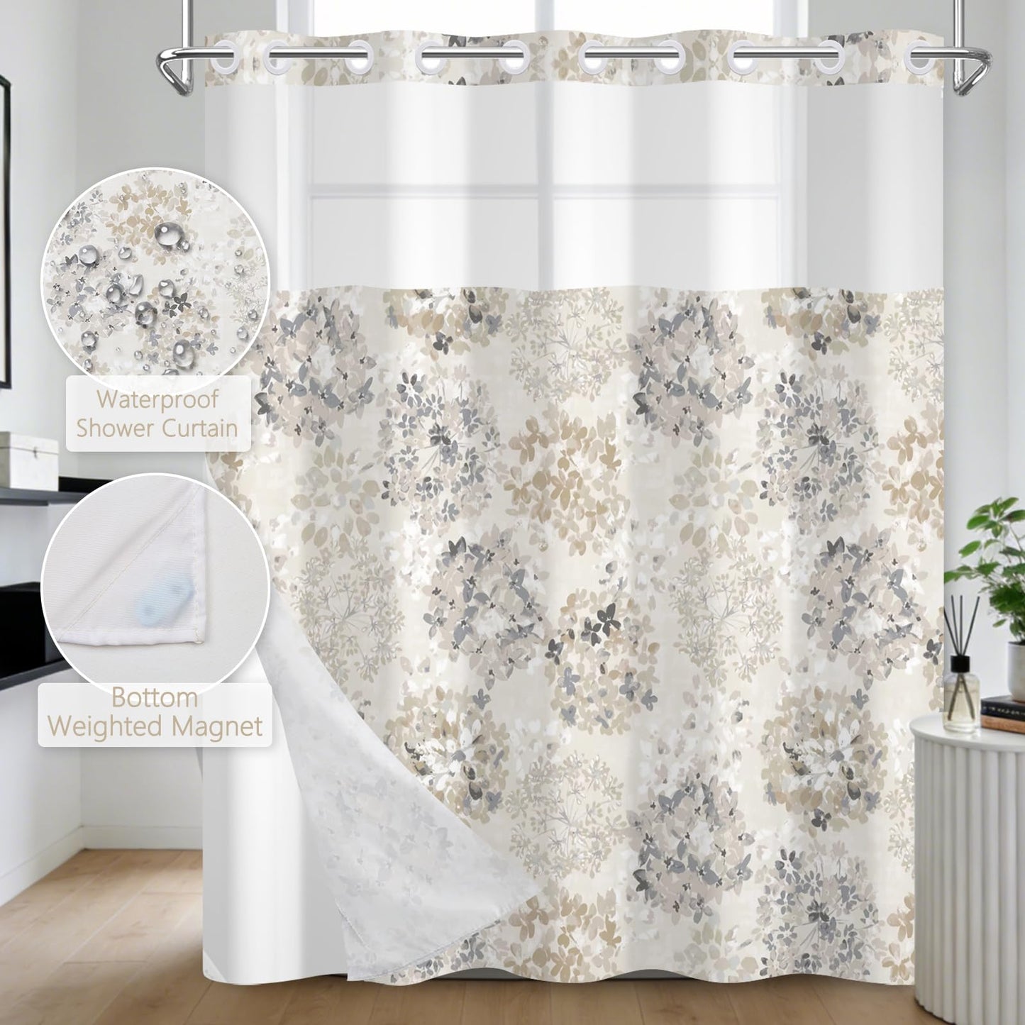 NAEMBCU Modern Floral Shower Curtain with Snap in Liner Waterproof