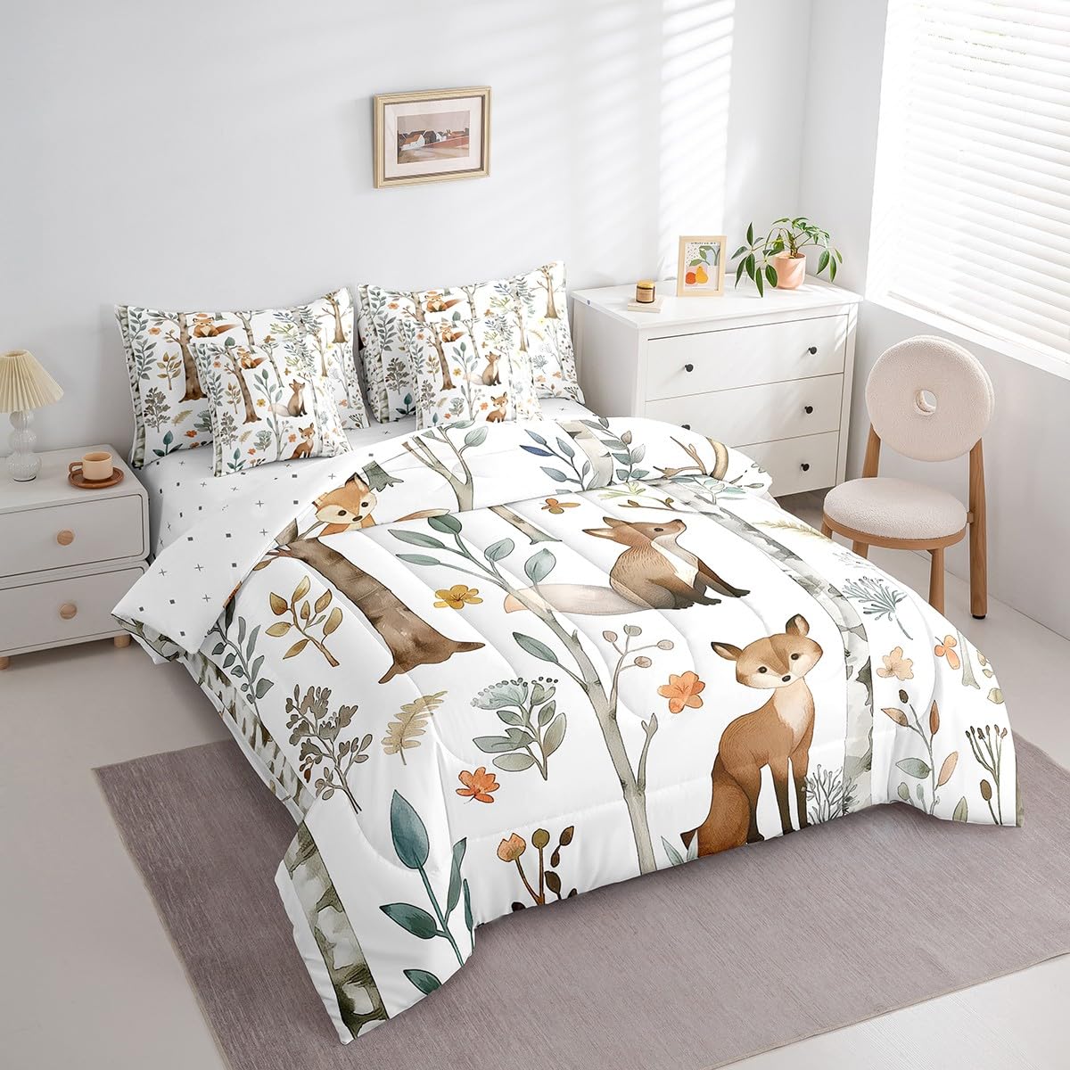 Erosebridal Cartoon Squirrels Bedding Set for Kids Teens,Botanical Trees Leaves Comforter Set Full Size,Cute Animal (Comforter+Fitted+Flat Sheet+2 Pillowcases+2 Throw Pillow Covers) 7 Pieces Bed Set