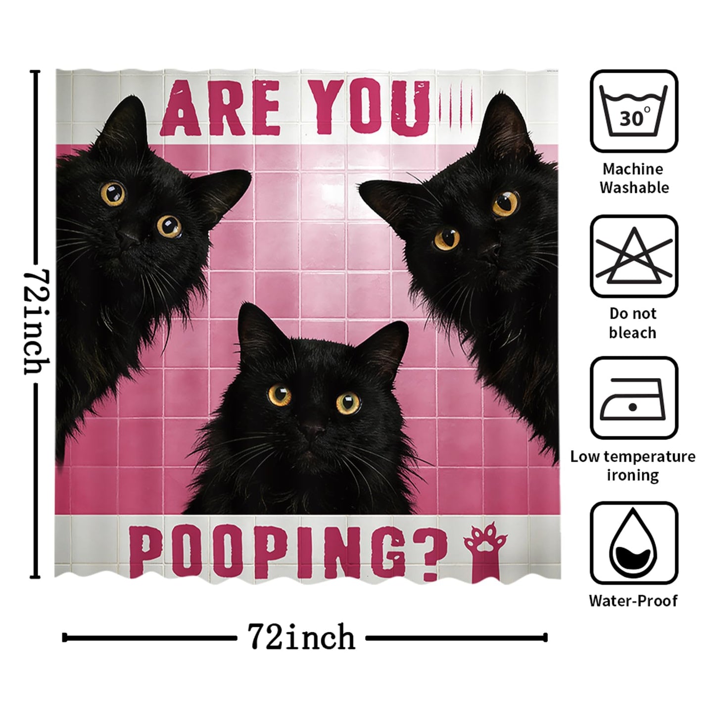 MEHOFOND Funny Cat Shower Curtain Cute Fun Black Cats Pink Tiles Shower Curtain for Bathroom are You Pooping Bathtub Decor Fabric Waterproof Washable Bath Curtain 72x72 Inch