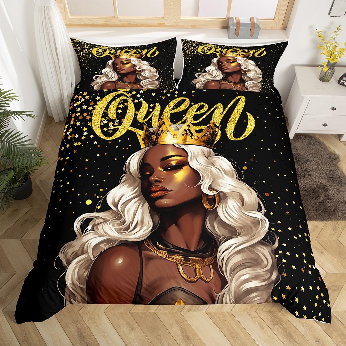 Black Woman Bedding Set Queen Size,Girls Crown Queen Golden Glitter Duvet Cover Set 3Pcs,African Style American Comforter Cover Boys Kids Teens Bedroom Decor,Fashion Beauty Quilt Cover,2 Pillowcases