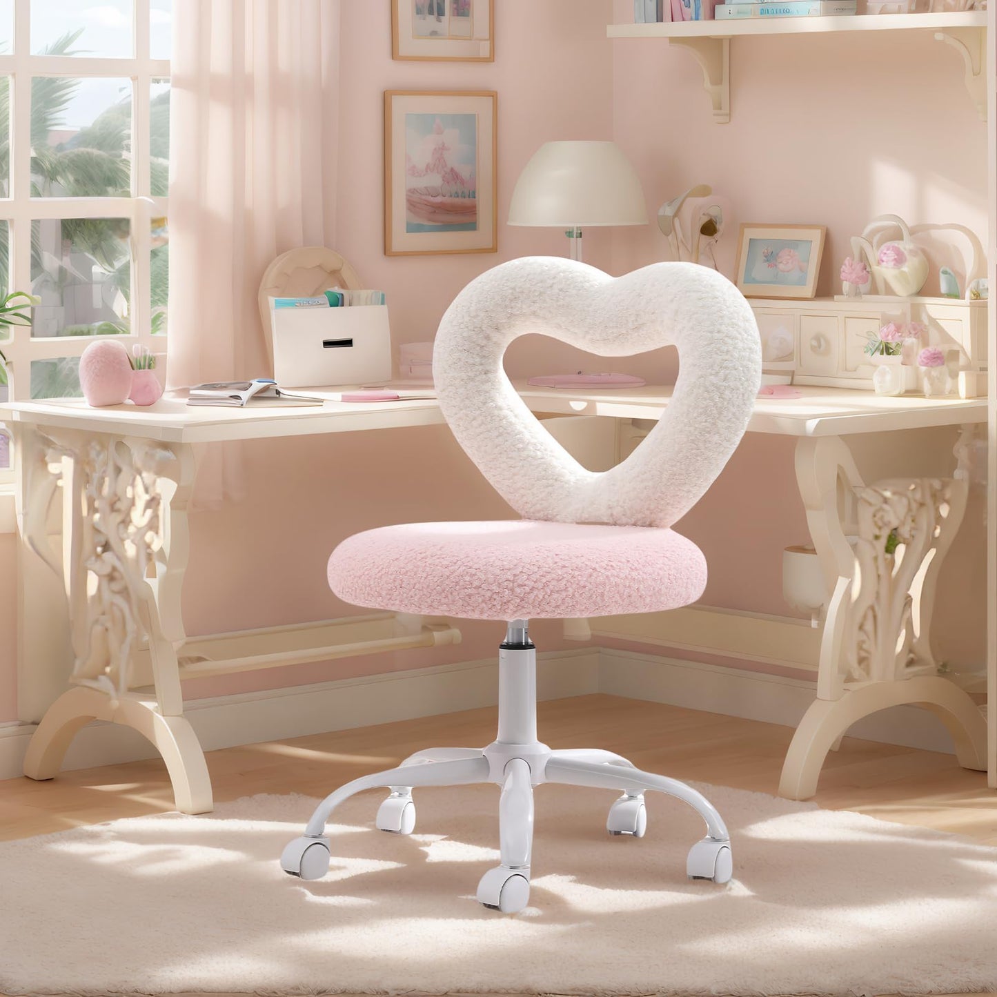 Cute Kids Desk Chairs，360’ Swivel Kids Chairs Computer Chairs with Wheels，Adjustable Heart Children Chair Study Upholstered Vanity Chair Chair for Teen Girls Boys Bedroom Children Gift, Pink