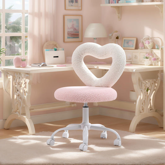 Cute Kids Desk Chairs，360’ Swivel Kids Chairs Computer Chairs with Wheels，Adjustable Heart Children Chair Study Upholstered Vanity Chair Chair for Teen Girls Boys Bedroom Children Gift, Pink