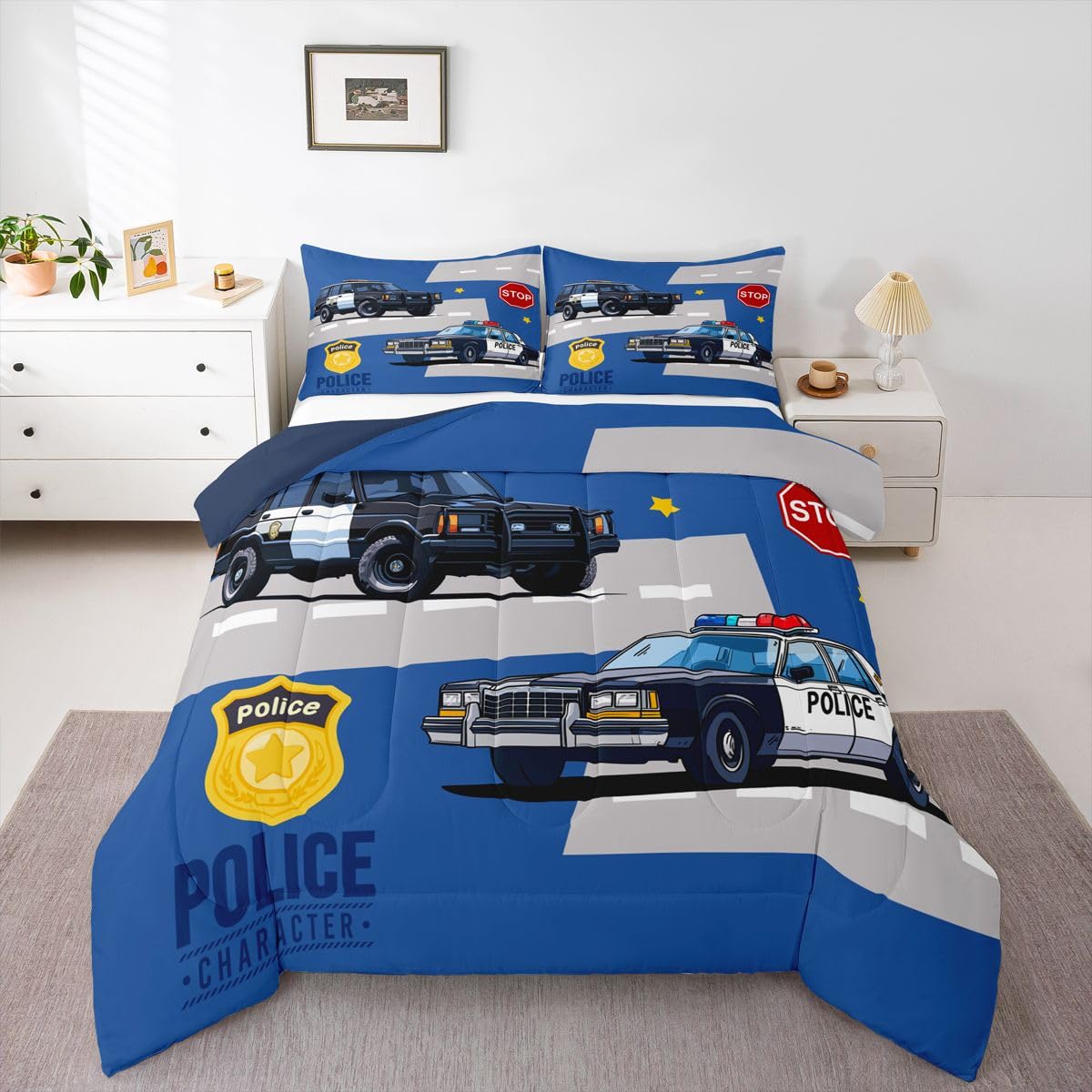 Erosebridal Police Car Comforter Set for Kids Twin Size, Cartoon Policeman Bedding Set for Boys Teens, Vehicle Comforter, Badge Quilt Duvet Set 1 Pillowcase Blue Grey