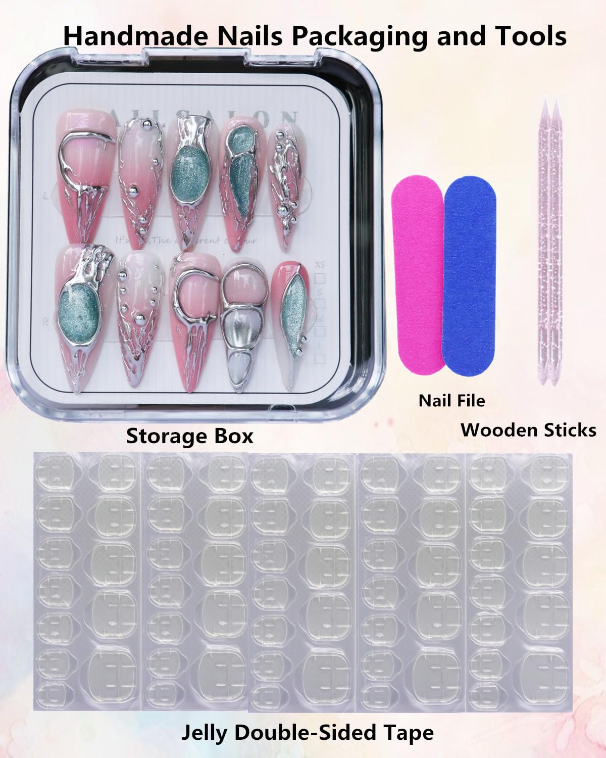 CAMILCY Luxury Handmade Press On Nails Pink Gradient Green Glitter Metallic 3D Design Long Stiletto Fake Nails Salon Quality Reusable Acrylic Nails for Women (B06, M)