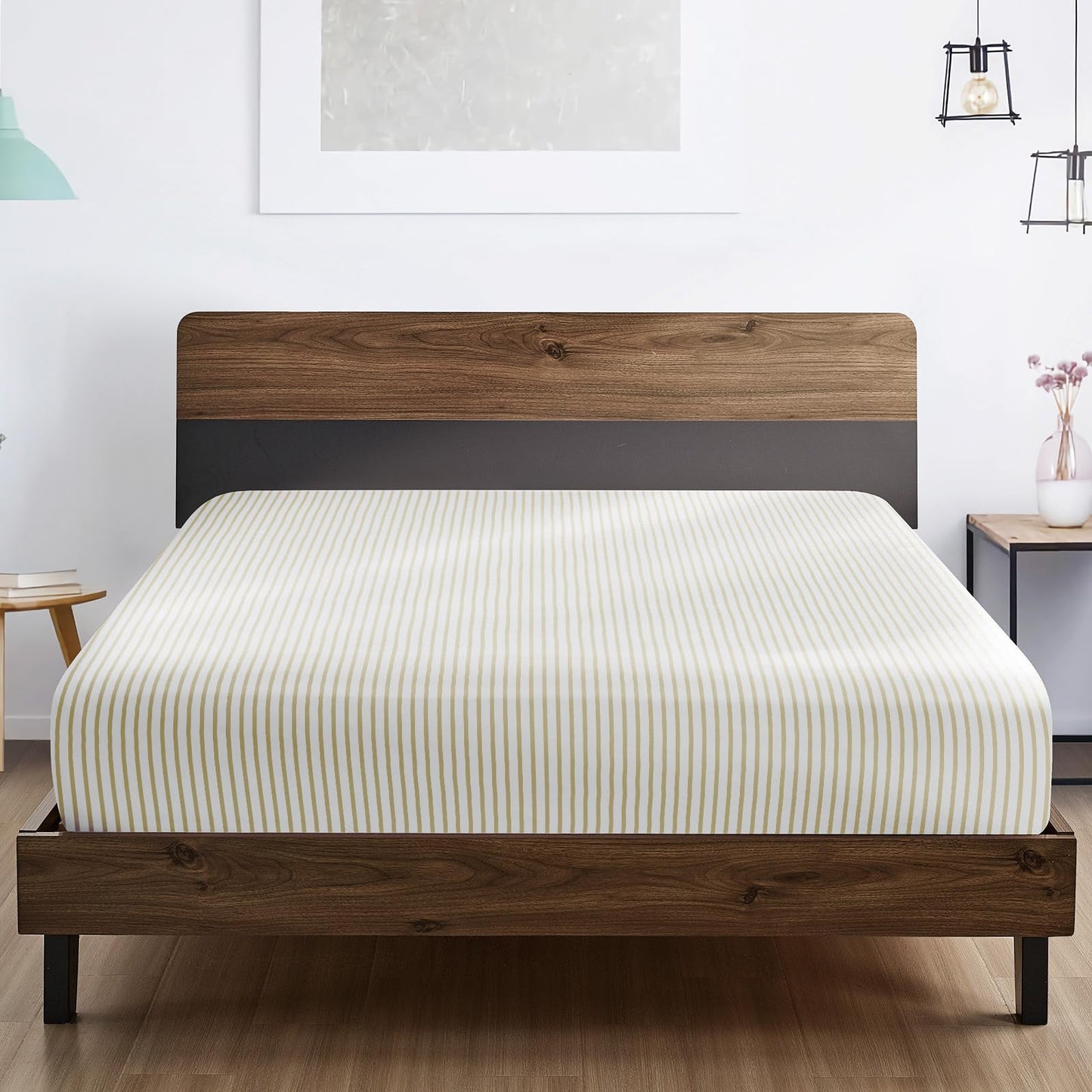 FreshCulture Queen Fitted Sheet - Hotel Quality, Ultra Soft & Breathable Brushed Microfiber, Deep Pocket, Cooling Fitted Sheets for Queen Size Bed (Stripe Beige)