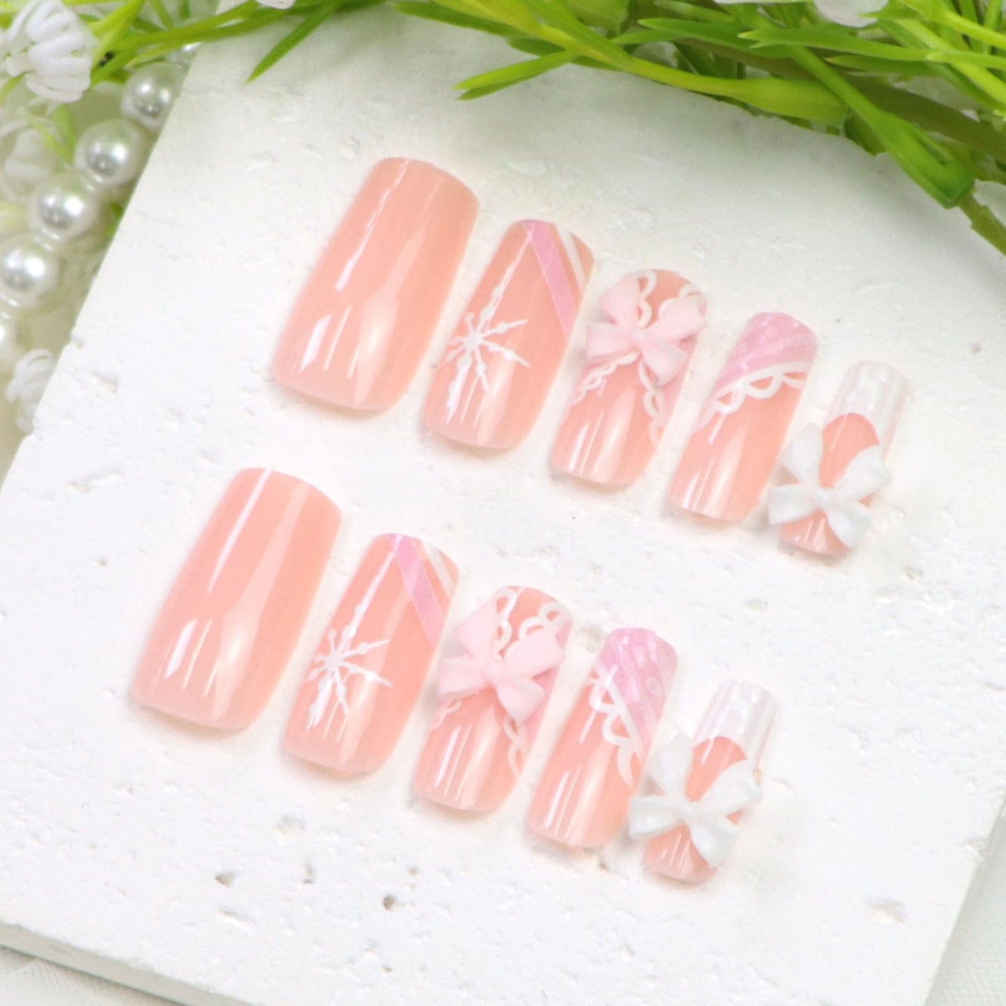 White French Tip Press on Nails Medium Square Fake Nails Winter Nails Press ons with 3D Bow Snowflakes Designs Pink Acrylic Nails for Women 24Pcs