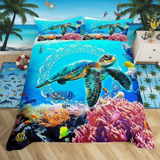 Sea Turtle Duvet Cover Queen Size,Hawaii Tropical Fish Marine Life Bedding Set 3pcs for Kids Teens Boys Girls Room,Animal Plants Comforter Cover Mystic Deep Sea Quilt Cover with 2 Pillowcases,Blue