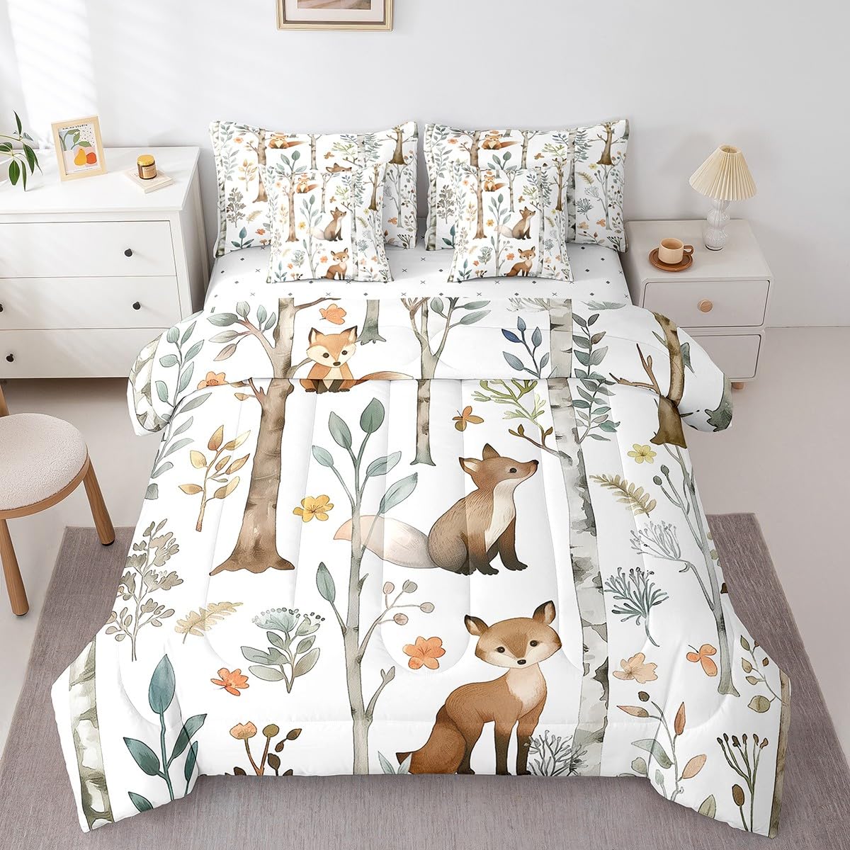 Erosebridal Cartoon Squirrels Bedding Set for Kids Teens,Botanical Trees Leaves Comforter Set Full Size,Cute Animal (Comforter+Fitted+Flat Sheet+2 Pillowcases+2 Throw Pillow Covers) 7 Pieces Bed Set