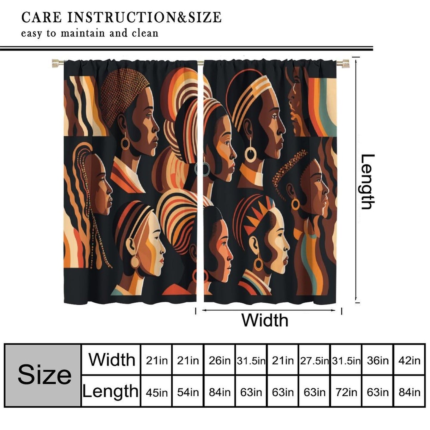 FAOTELY African Women Curtains Boho Mid Century Tropical Window Drapes for Kids Bedroom Living Room Classroom Kitchen Cafe Decor （W21xL45 Inch） x2 Panels