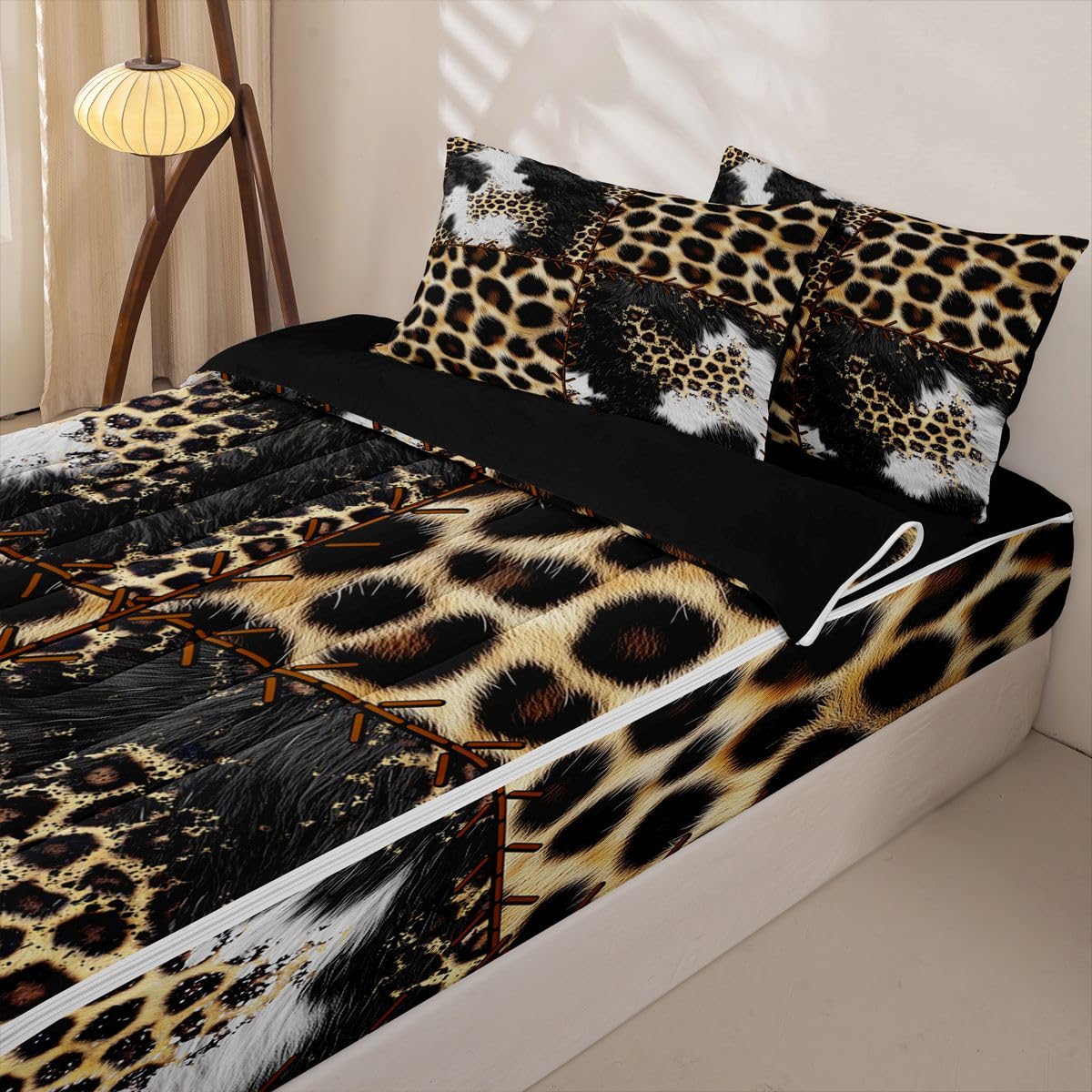 Feelyou Cow Fur Zipper Bedding Sets Kids Leopard Print Queen Comforter Set with Fitted Sheet Boys Girls Decor Western Farm Animal Skin Comforter Plaid Grid Black Yellow Bed in A Bag