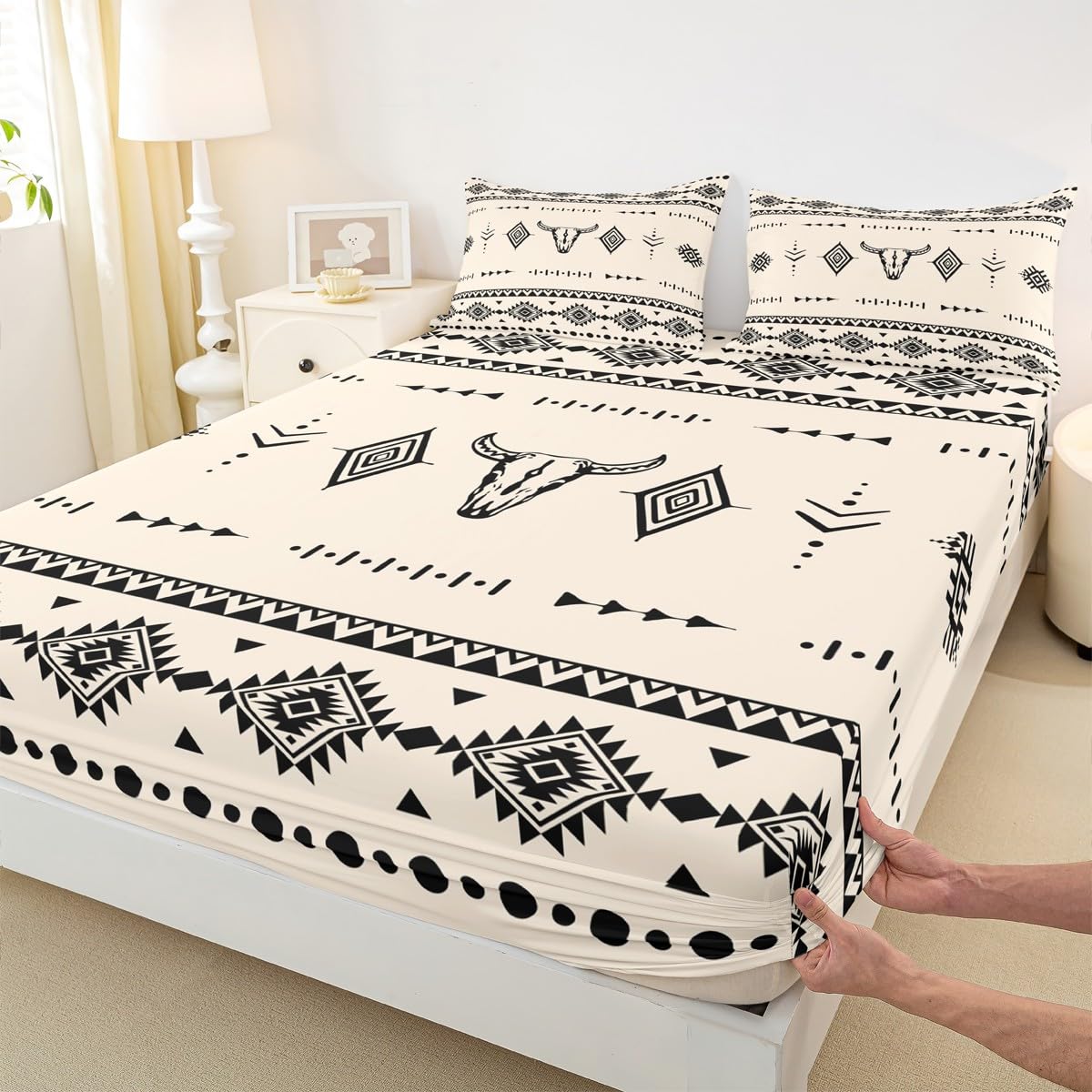 Erosebridal Full Size Western Cowboy Flat Fitted Sheet, Bull Skull Bed Sheets Set for Boys Girls Men Room Decor, Boho Aztec Ethnic Horns Bedding Set, Southwestern Native Bed Sets