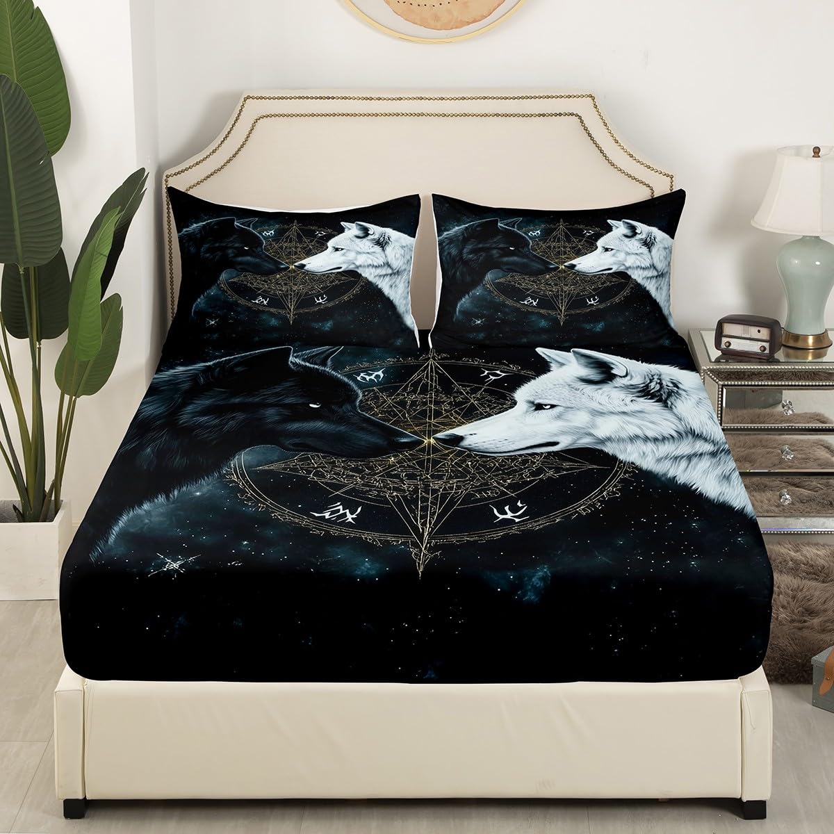 Black White Wolf Bedding Sets Full Size,Wild Life Bed Sheets 4Pcs,Sun Moon Starry Sky Fitted Sheet for Kids Teens Men Boys Room Decor,Magical Boho Style Black Top Flat Sheet,2 Pillowcases