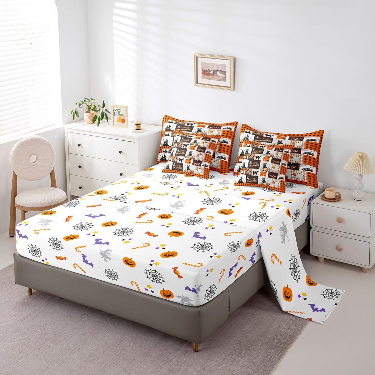 Erosebridal Plaid Halloween Bed in A Bag with Sheets Orange Cartoon Halloween Bedding Set Pumpkin Ghost Twin Comforter Set 7 Piece for Boys Girls Kids Gothic Black Cat Castle Bed Set