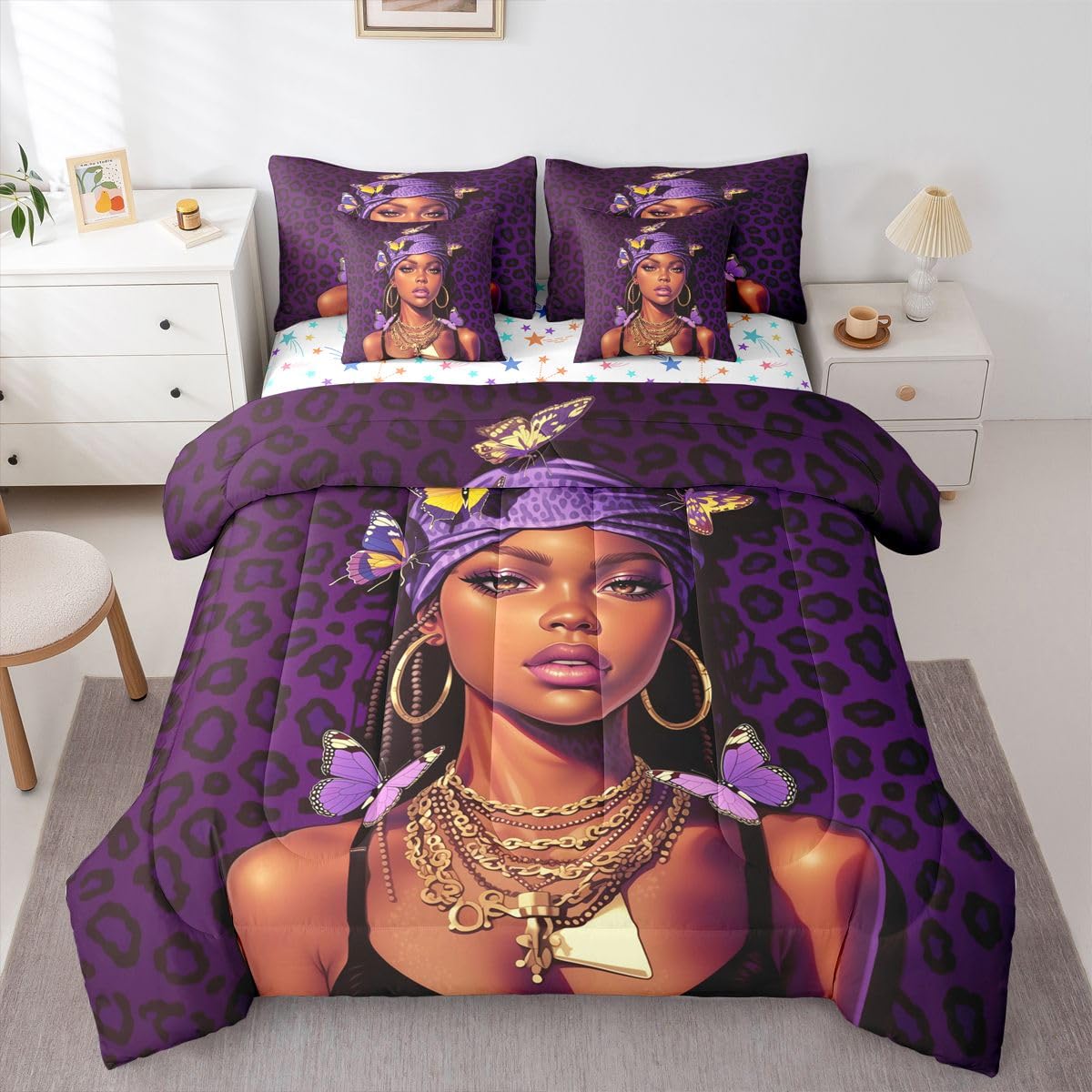Erosebridal Black Girls Magic Queen Bedding Set Dark Purple Leopard Print Comforter Set Women Teen Coquette Butterfly 7-Piece Bed in a Bag Stylish Cheetah Headwrap Quilt Sets