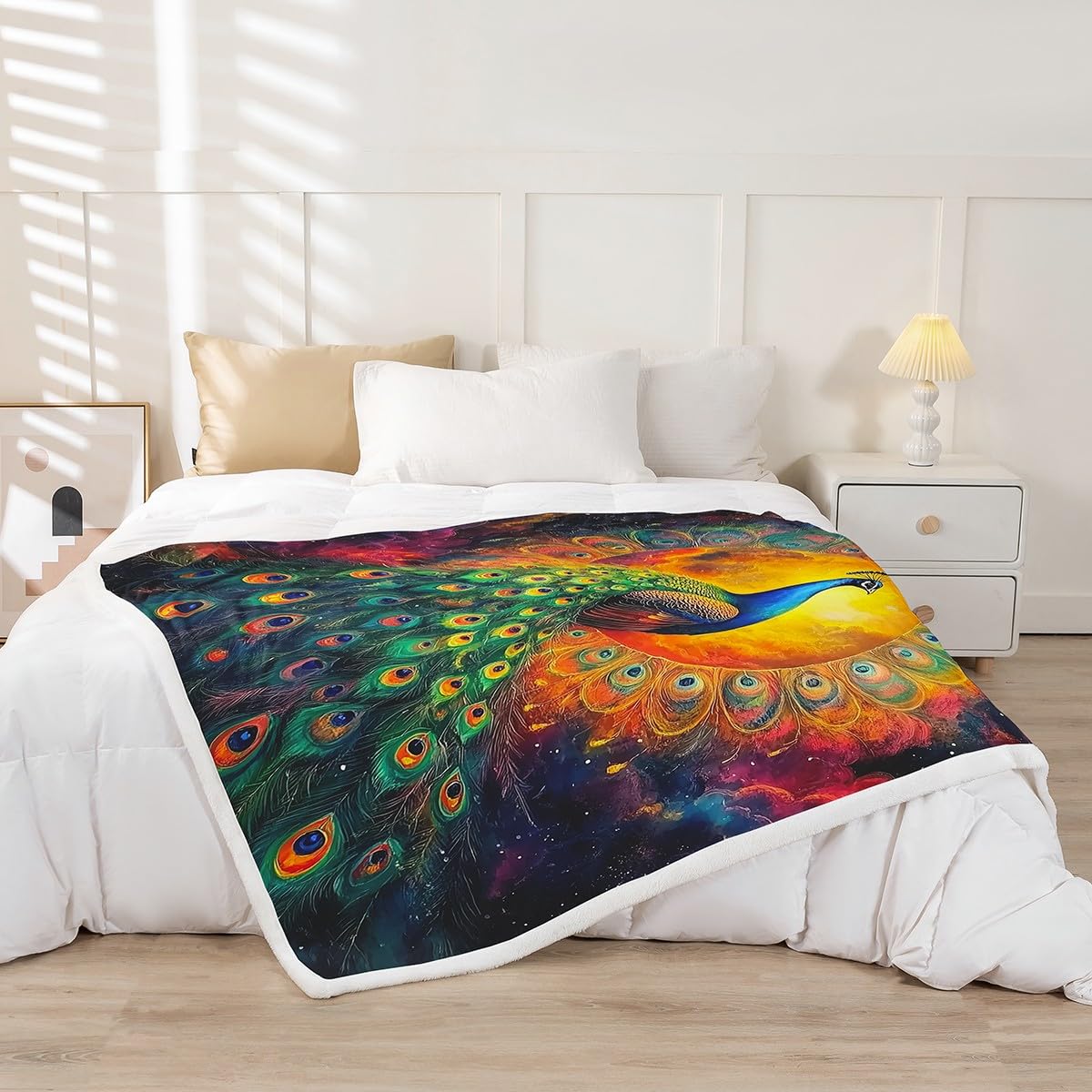 Erosebridal Peacock Fleece Blanket Watercolor Peahen Feather Sherpa Blanket 90"x90", Jungle Woodland Animals Rustic Aesthetic Animal Fuzzy Plush Throw