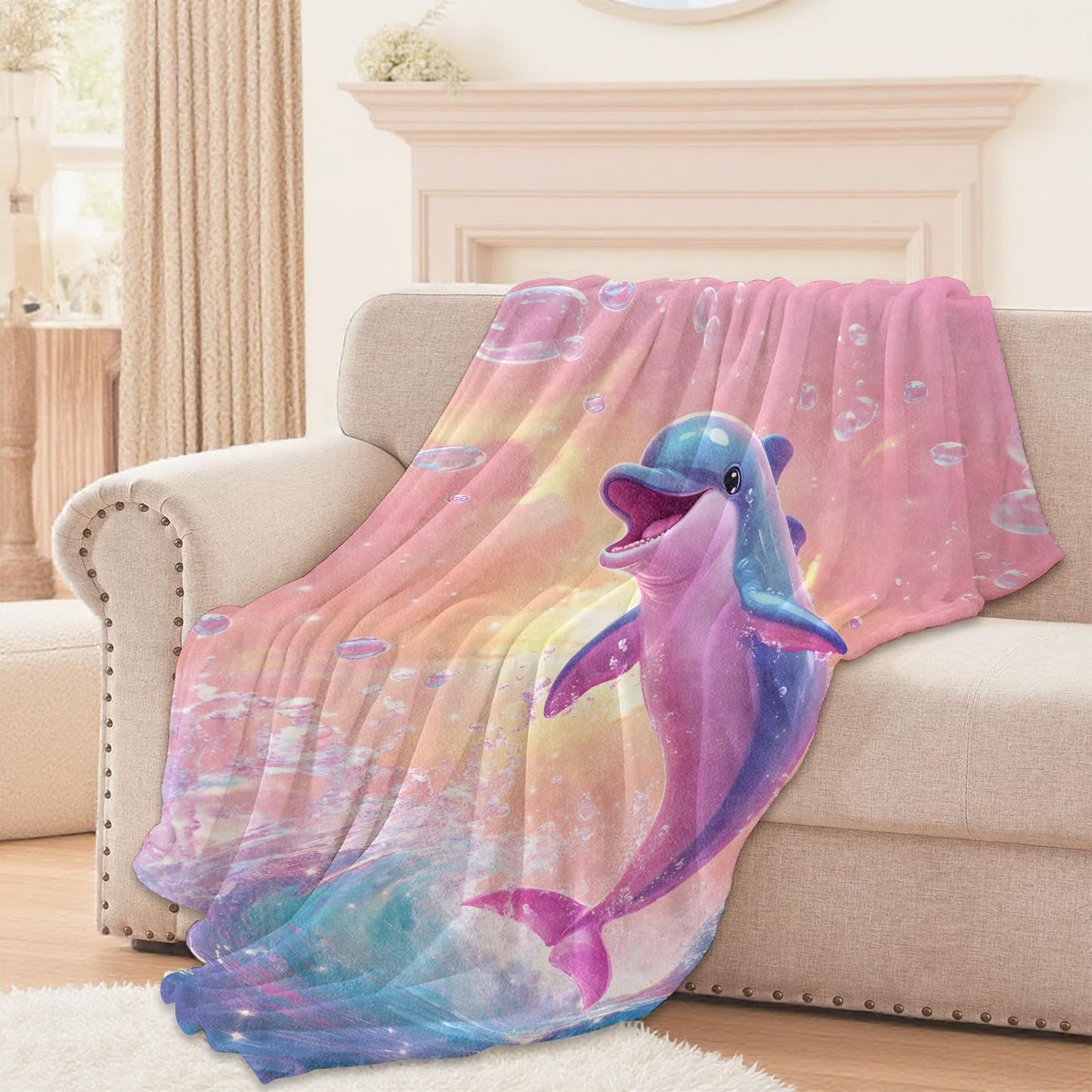 Lugiu Cute Cartoon Dolphin Blanket, Lightweight Comfy Pink Sunset Waves Blankets for Couch Sofa Bedroom, Soft Plush Travel Flannel Throw Blanket Gifts for Adults Women Kids, Home Decor 60×50in