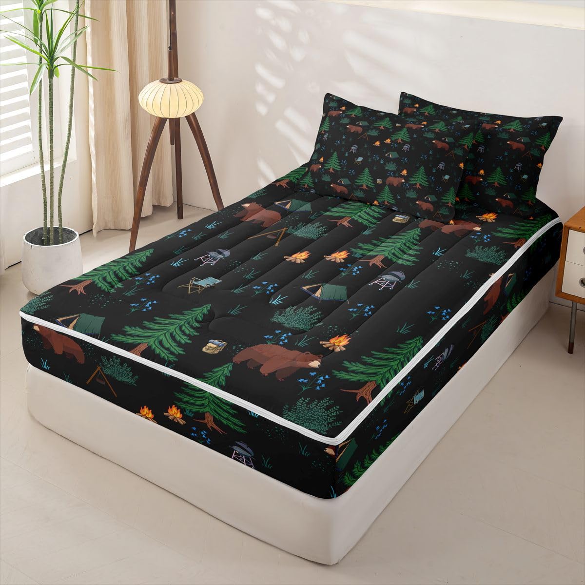 Erosebridal Hunting Bear Twin Zipper Bedding Happy Camping Comforter Set with Fitted Sheet Kids Camper Theme 3 Pcs Bed in a Bag Set Wild Animals Pine Tree Woodland Zip Up Bedding Sets