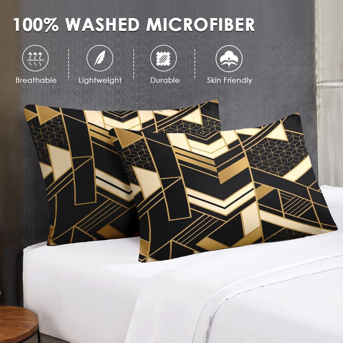 WeCozy Full Size Comforter Set with 2 Pillowcases & 2 Shams, Geometric Gold Black 7 Pcs Bedding Set for Kids and Adults, Modern Abstract Bed in a Bag with Flat Sheet and Fitted Sheet
