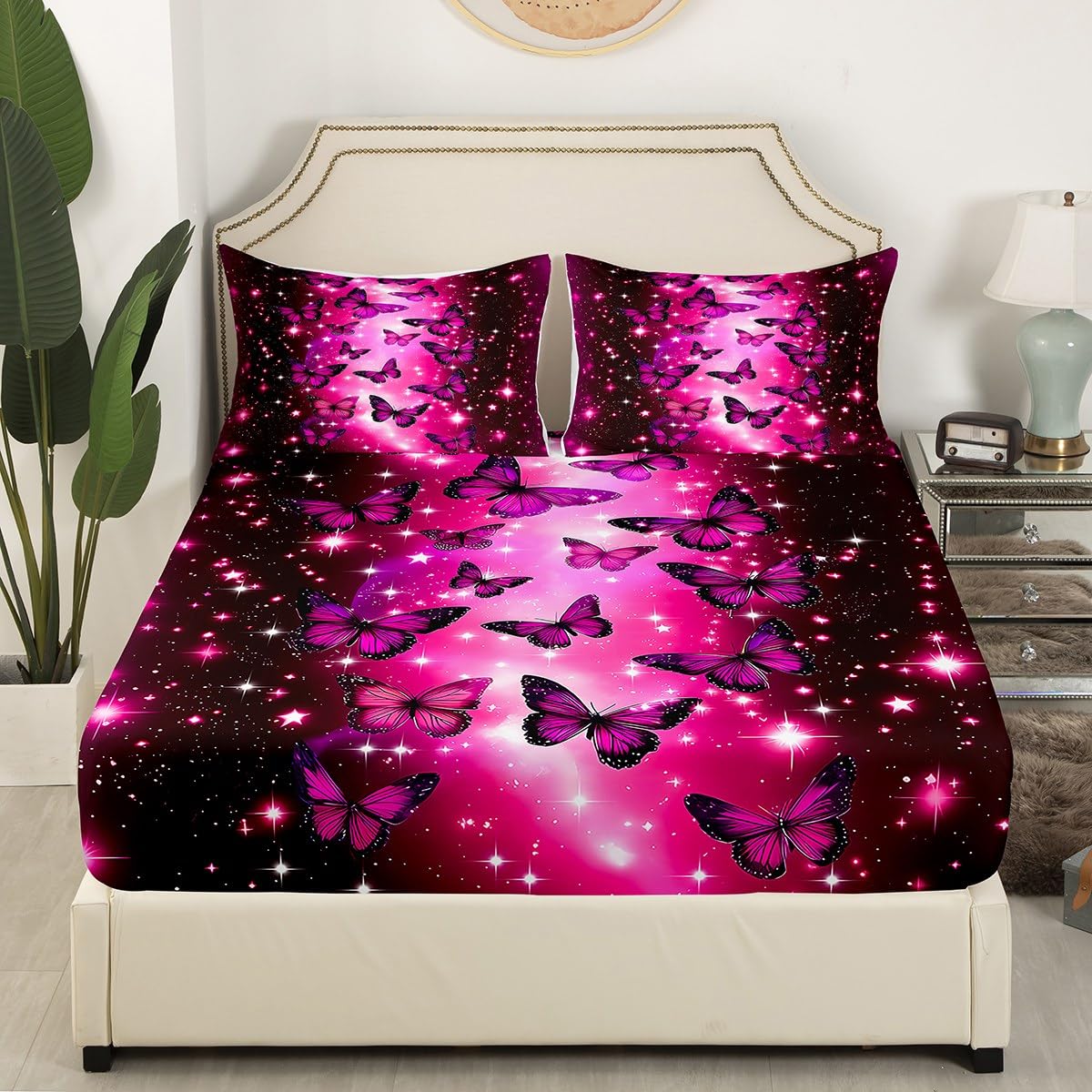 Feelyou Boys Girls Valentine's Day Fitted Sheet Full Size, Butterfly Bedding Set Kids Glitter Bed Sheet Set Romantic Teens Bed Cover Bedroom Decor Lightweight Bed Set (No Flat Sheet)