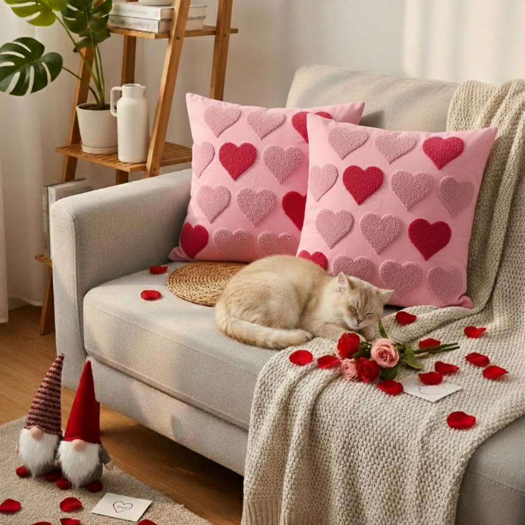 Fjfz Valentines Day Throw Pillow Covers 18 x 18 Inch Set of 2, Valentines Day Decorations Soft Plush Faux Fur Pink Love Hearts Home Decor, Bedroom Living Room Sofa Wedding Couch Cushion Case