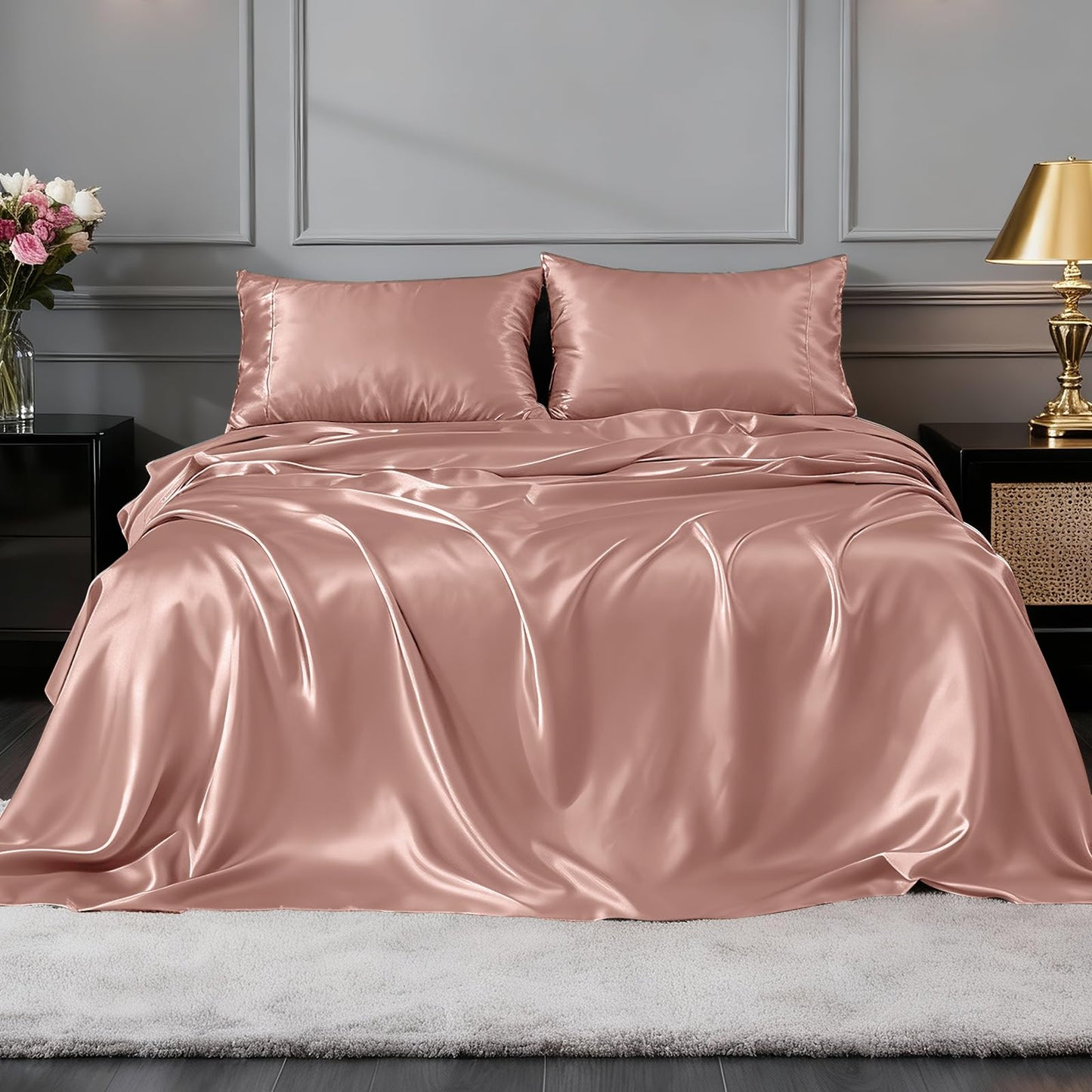 FreshCulture Satin Sheets King Size - 4 Piece Luxury Soft Silky Sheets for Hair and Skin, Similar to Silk Bed Sheet Set with 1 Deep Pocket Fitted Sheet, 1 Flat Sheet & 2 Pillowcases (Blush)