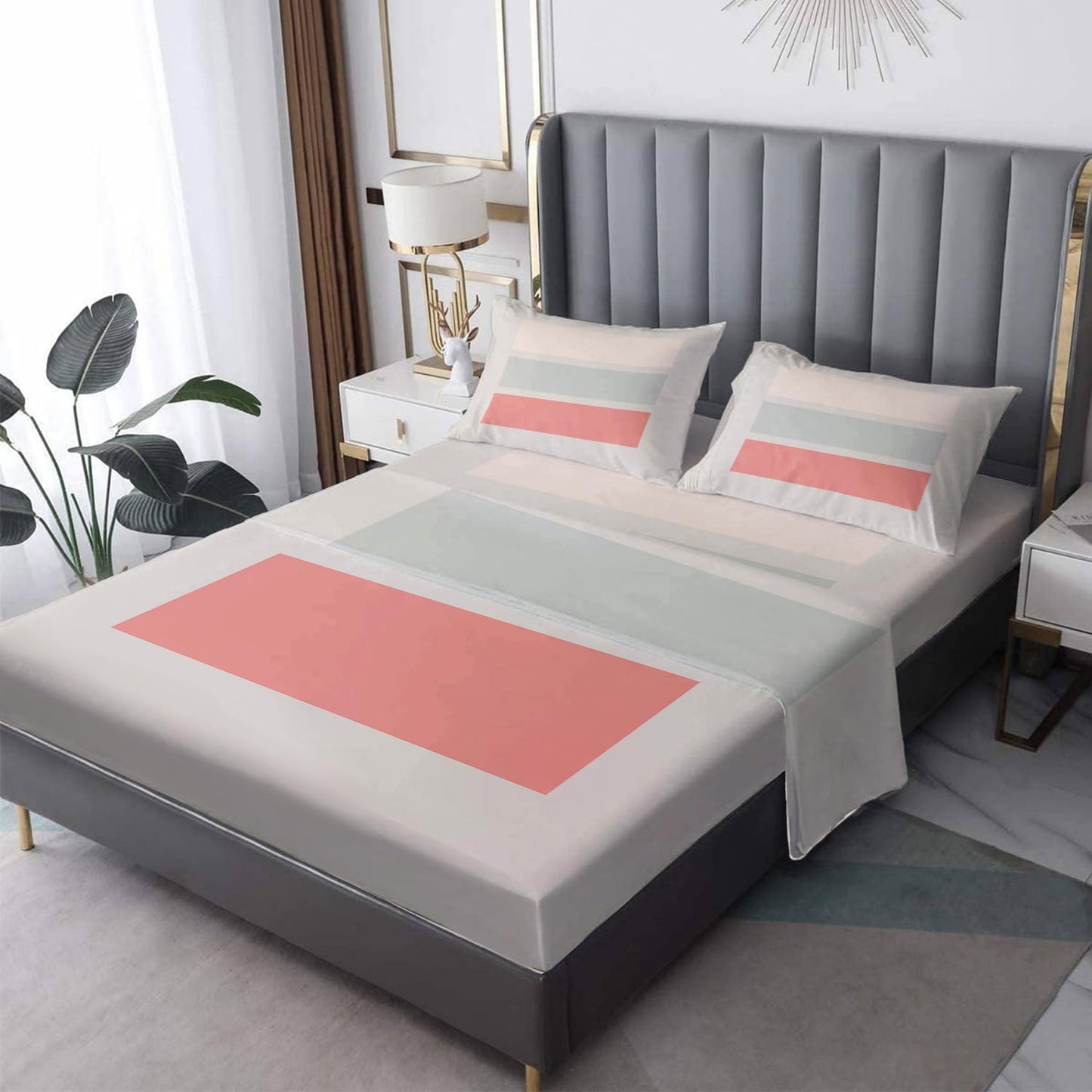NOGAWA Mid Century Modern Sheets Twin, Geometric Minimalist Abstract Bed Sheets, Deep Pocket & Soft Microfiber Bedding Sheets & Pillowcases 3 Piece - Fitted Sheet & Flat Sheet & Pillow Case