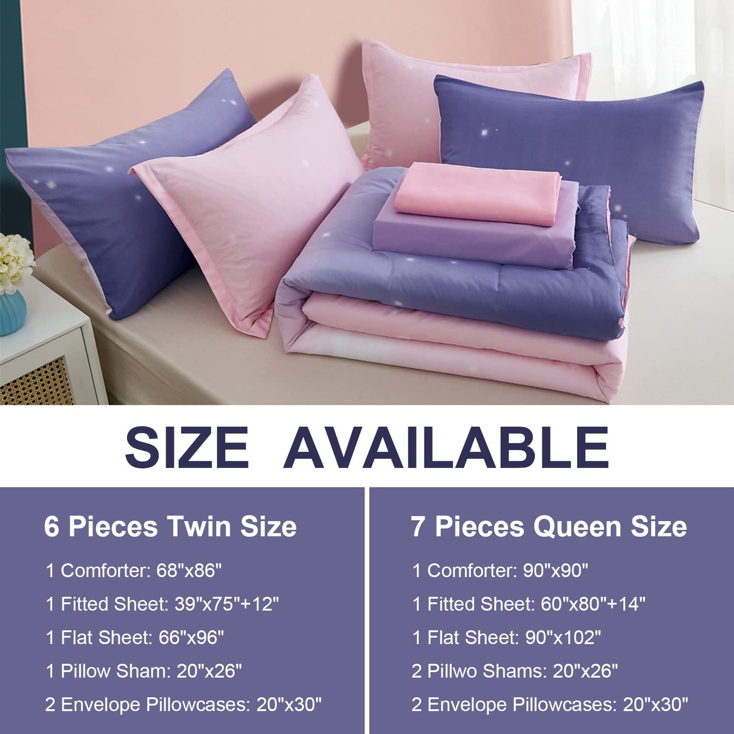 Dinjoy Girls Women Comforter Set King Size Ombre Pink Purple Rainbow Bedding Set 7 Pieces Bed in A Bag for Teen Adult (1 Comforter, 1 Flat Sheet, 1 Fitted Sheet, Pillow Shams & Pillowcases)