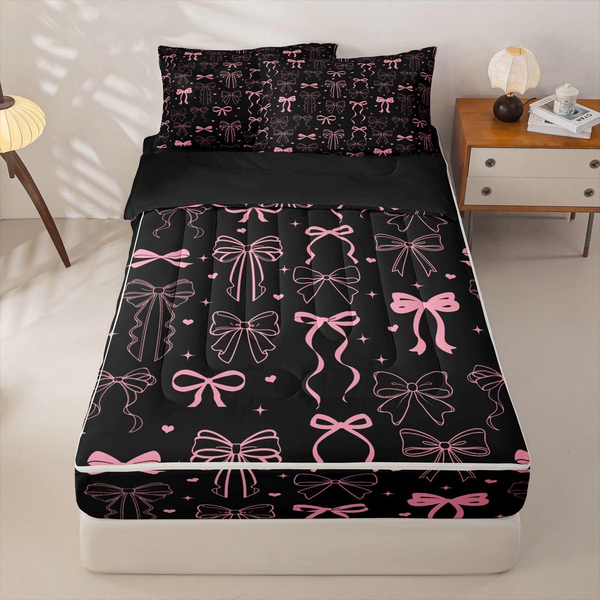 Feelyou Bow Zipper Bedding Full Bowknot Zipper Bedding Sets for Kids Boys Girls Black Pink Bow Comforter Set with Fitted Sheet and 2 Pillowcases Kawaii Bedroom Decor Black Pink
