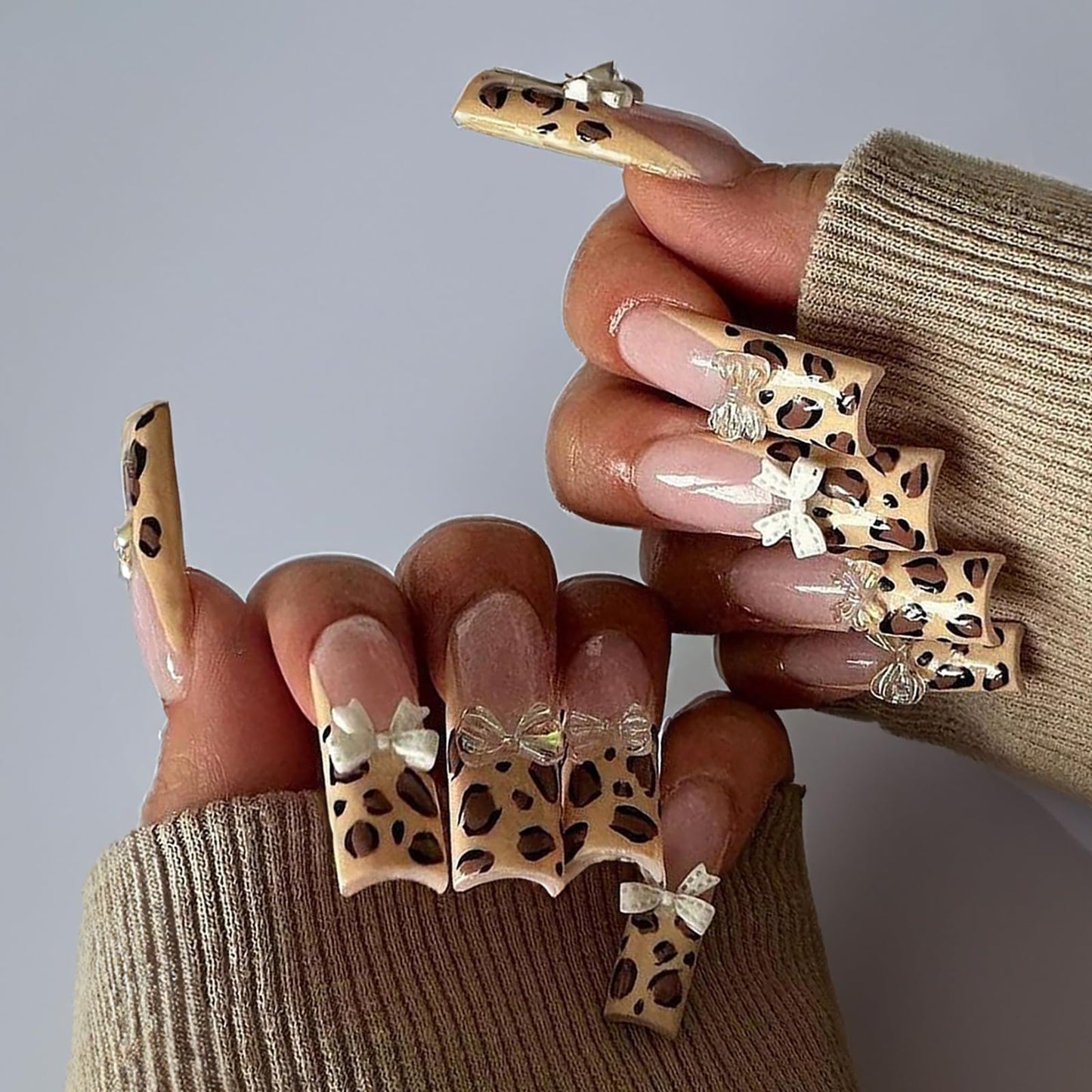 24 Pcs French Press on Nails Long RTKHFZE Square Nude Fake Nails with Leopard Designs False Nails Bow Charms Full Cover Artificial Nails Stick on Nail for Women Girls