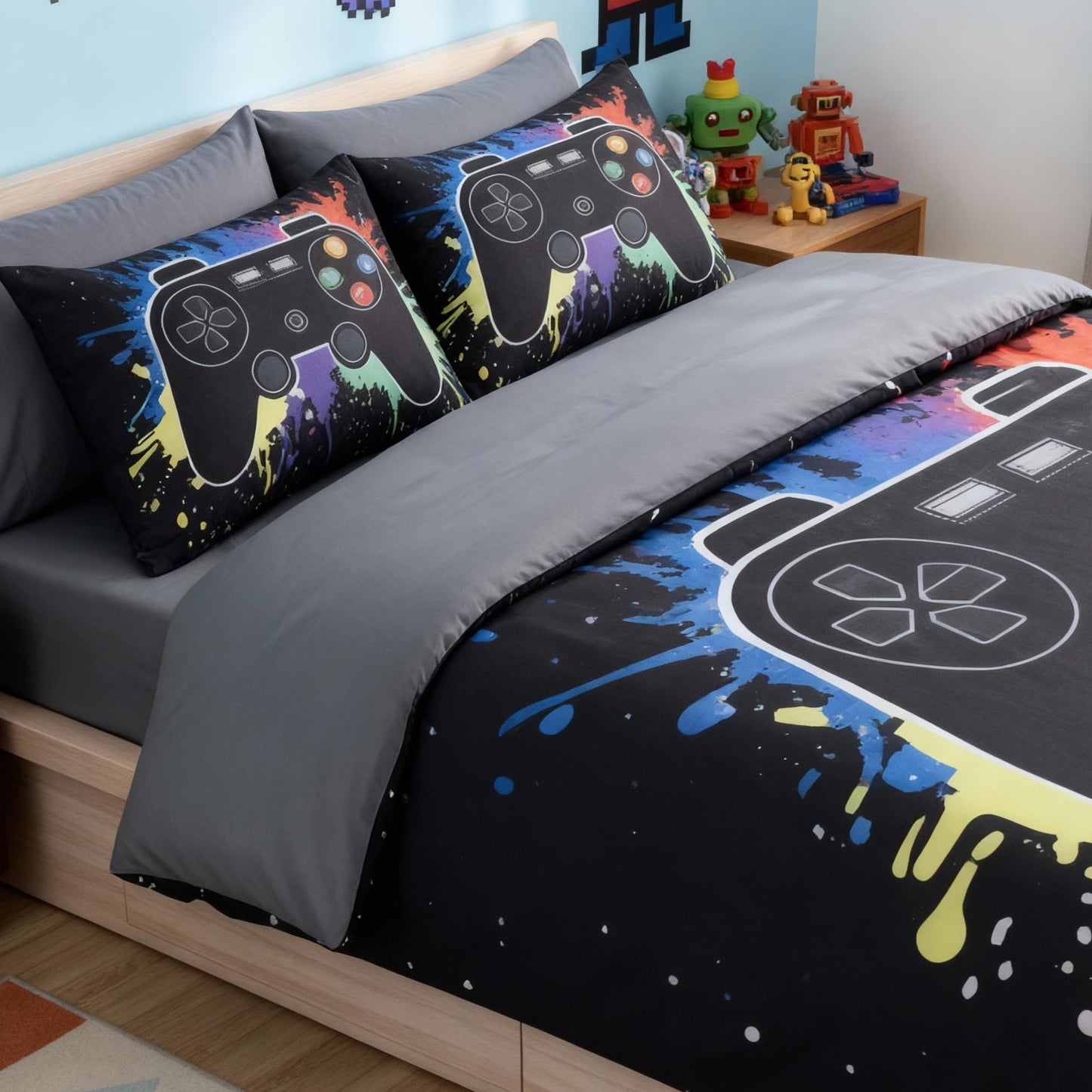 Kaleido Space Twin Comforter Set for Boys, Kids - 5 Pieces Black Gamer Patterns Twin Bedding Sets for Boys Teen, Soft Cozy Bed in A Bag with Sheets