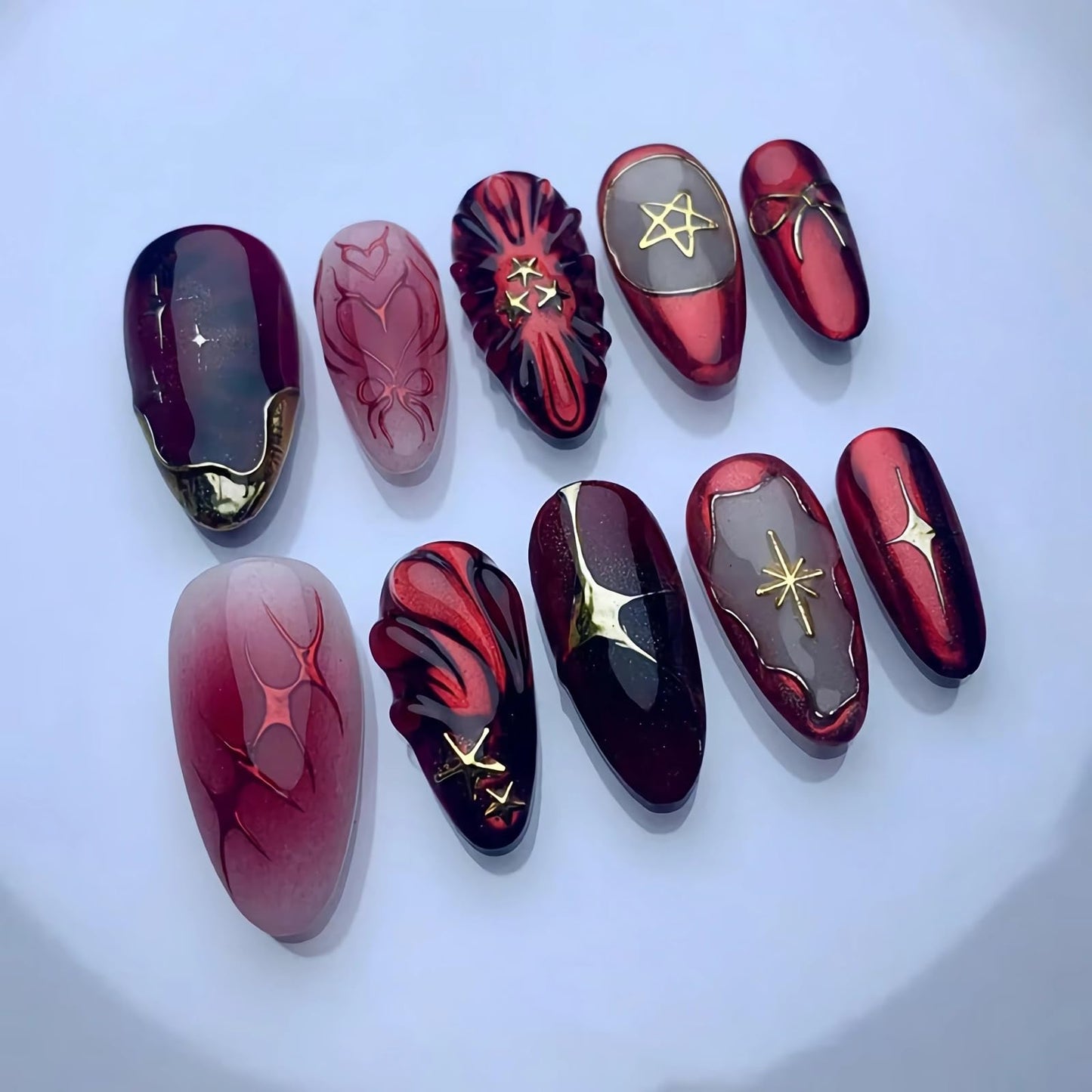 BABALAL Press on Nails Almond Medium Fake Nails Red Gold Chrome Glue on Y2k Gothic Star Design 3d Texture Handmade Supplies Art 24Pcs Punk Glossy Acrylic False Gel Nails for Women Girls Halloween