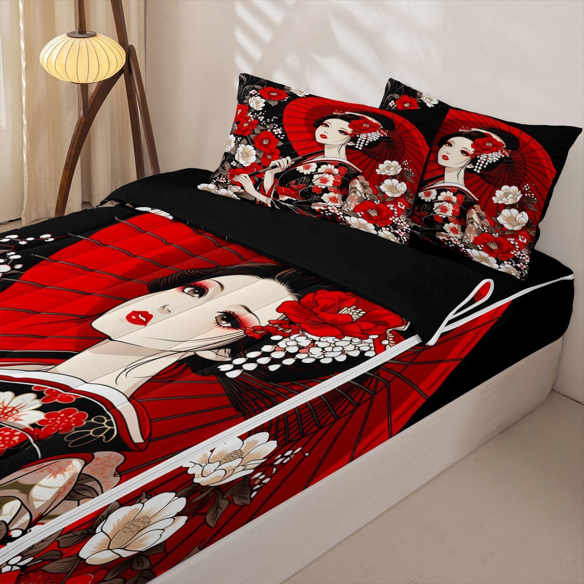 Erosebridal Japanese Zip Up Bedding Comforter Sets Twin Size, Geisha Comforter in One Zipper - Japan Women Bedding Set with Pillowcases