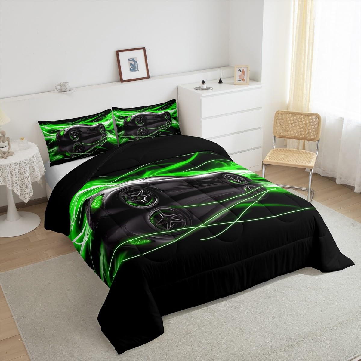 jejeloiu Kids Race Car Comforter Set Twin Size Speed Sports Car Bedding Set for Kids Boys Girls Green Duvet Quilt Automobile Bedroom Decor Microfiber 2 Pcs with 1 Pillow Cases