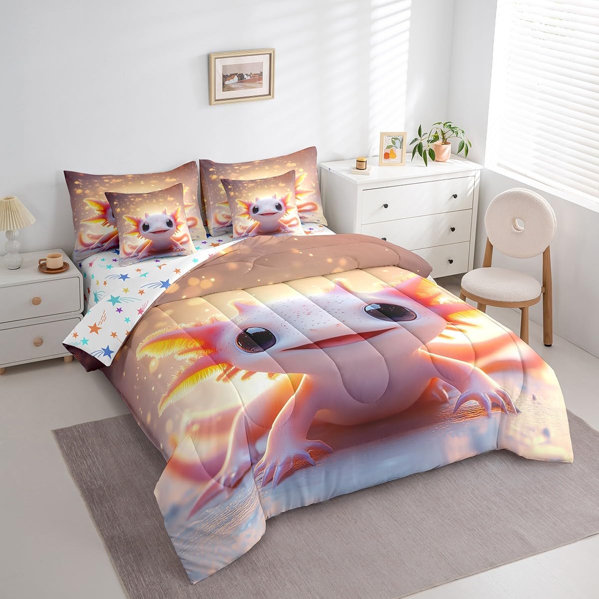 Feelyou Kids Cute Axolotl Comforter Set with Sheets Twin Size, Cartoon Salamander 7 Pieces Bedding Set Boys Girls Kawaii Animal Bed in A Bag Ocean Sealife Teens Bed Set Bedroom Decor 7Pcs