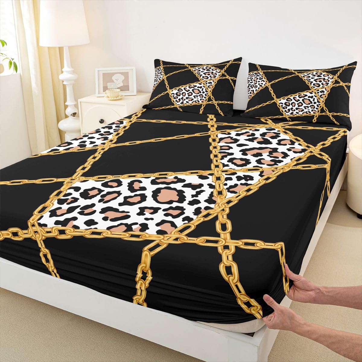 jejeloiu Black Leopard Fitted Sheet with 1 Pillowcase Twin Size Iron Chain Print Bed Sheets Set 16" Deep Pocket Boys Girls Cheetah Bedding Animal Print Teens Bedroom Decor Breathable Soft Lightweight