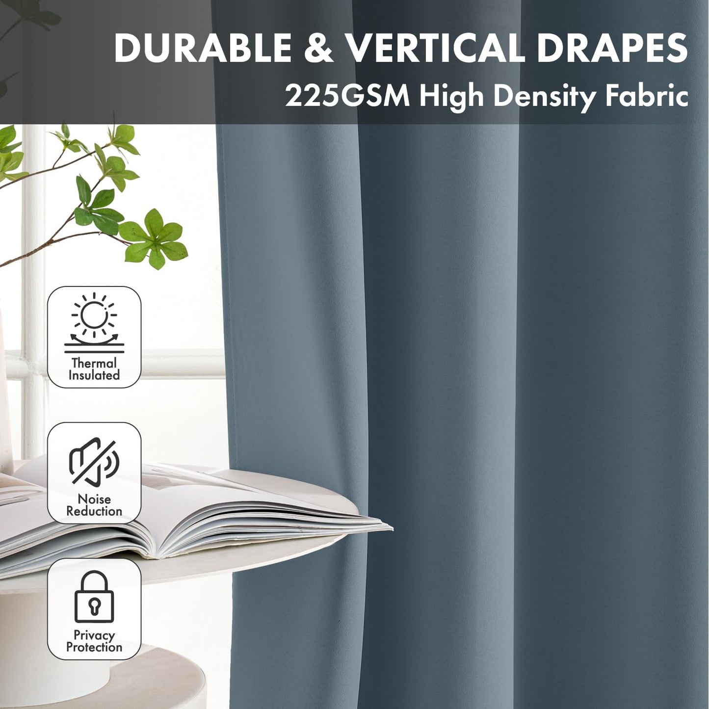 Woaboy Stone Blue Blackout Curtains for Bedroom Living Room 63 Inch Long 2 Panels, Solid Thermal Insulated Grommet Drapes, Room Darkening Sunlight Blocking Window Treatments, W40 x L63 Inch