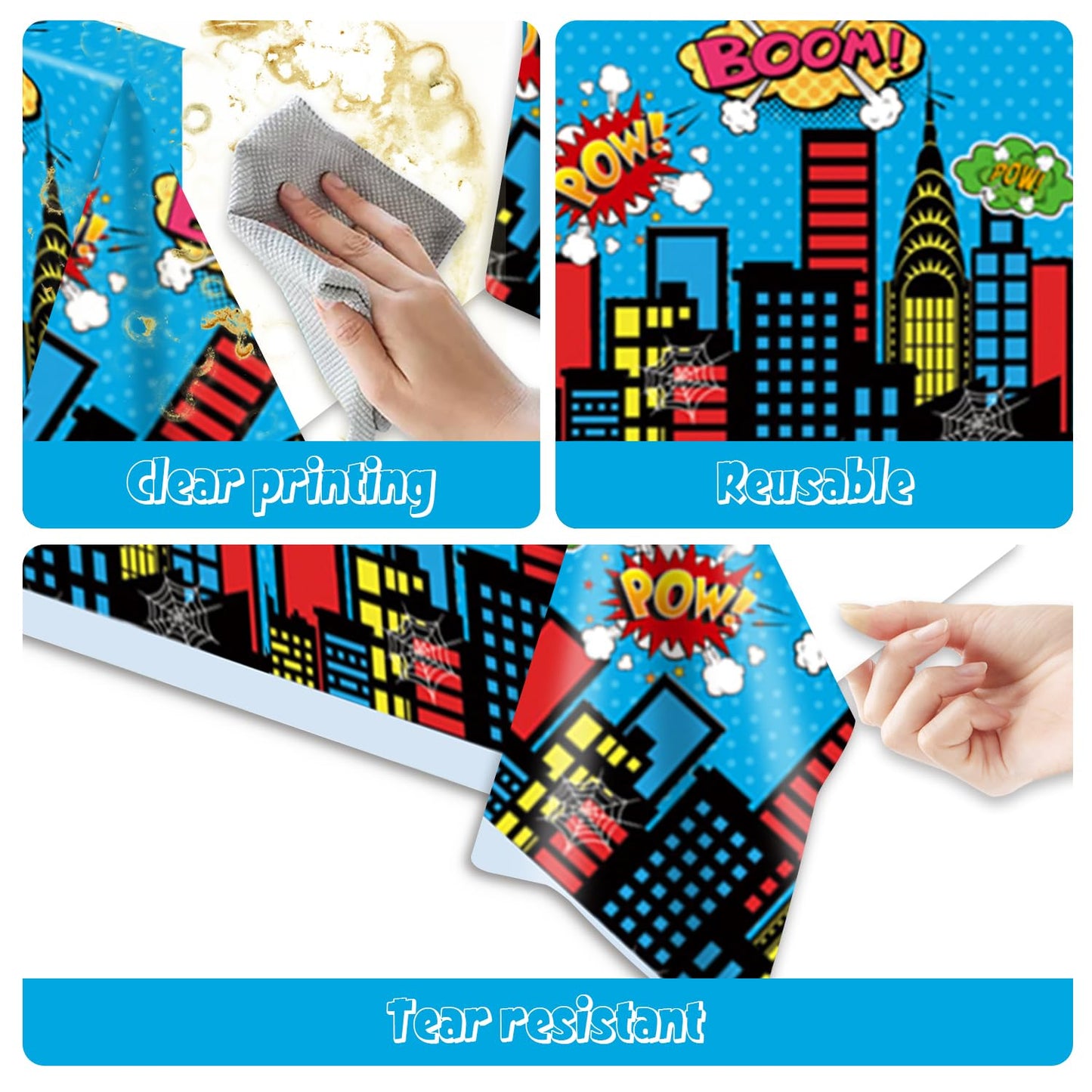 LANHYER 2Pack Super Theme Hero Tablecloth Birthday Party Decoration Include Tableware Supplies Tablecloth for Cityscape Kids Baby Shower Birthday Party Decorations