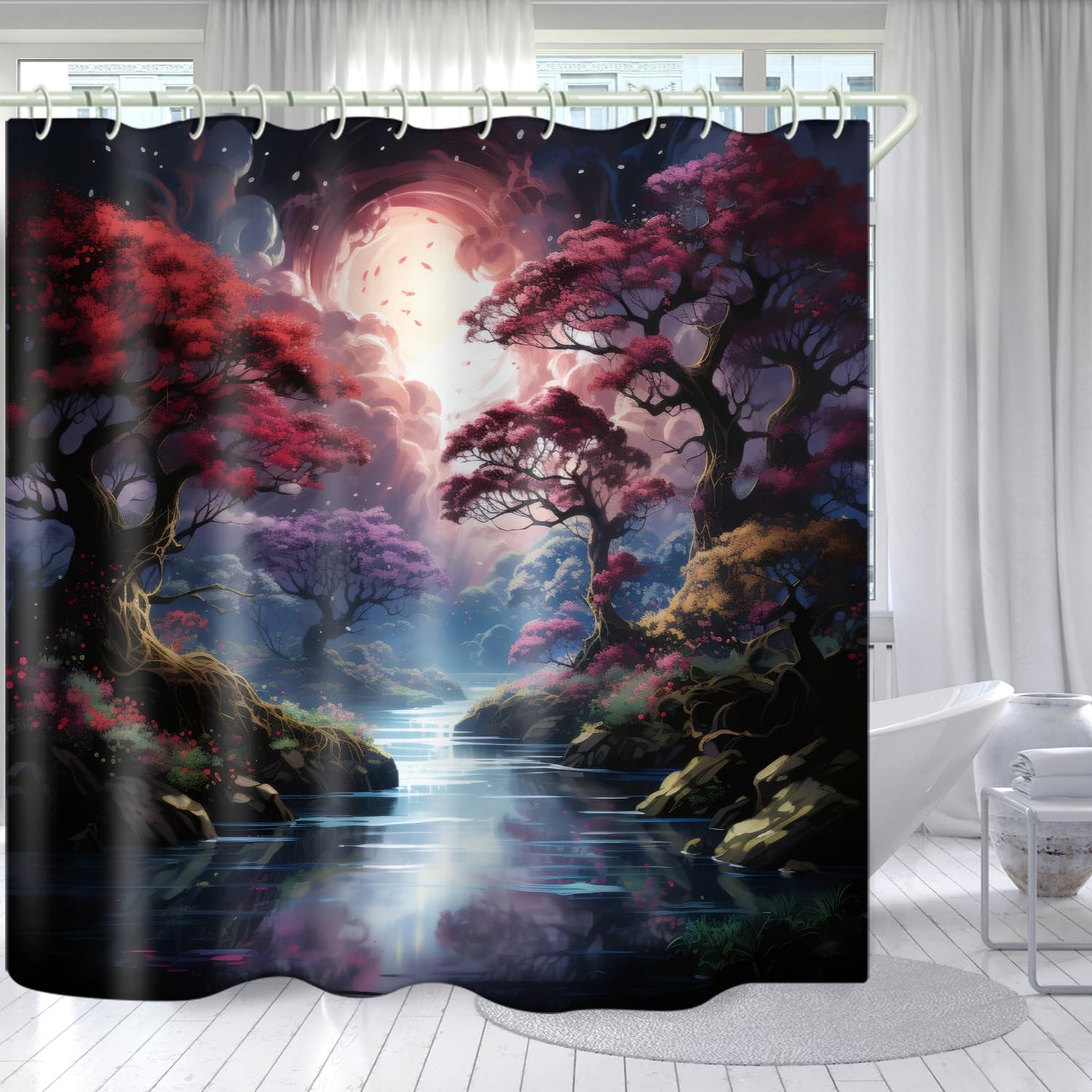 LYFANS Shower Curtains, with Forest and River Themed Bright Colors, Brings A Unique Artistic Atmosphere to The Bathroom. The 72x79 Inch Fabric Shower Curtain Comes with 12 Hooks.