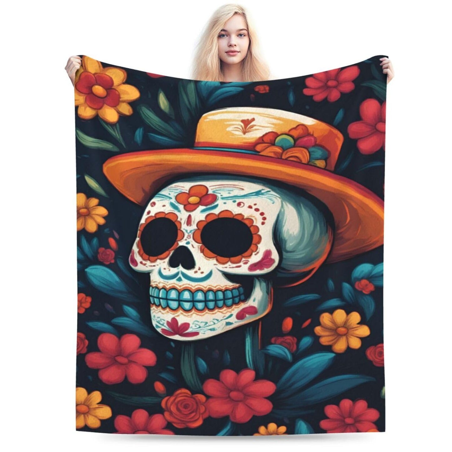 Colorful Skull and Flowers Throw Blanket Soft Lightweight Flannel Fleece Blanket 50"X40" for Bed Sofa Couch Camping Travel
