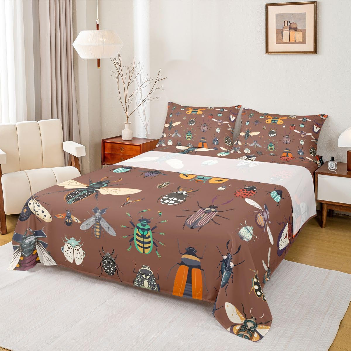 Castle Fairy Cartoon Beetles 3Pcs Bed Sheets Set Twin Size Nature Animals Coleoptera Bedding Sets for Kids Girls Boys Room Decor Country Rustic Style Soft(Fitted + Flat,1 Pillowcase) Dark Brown