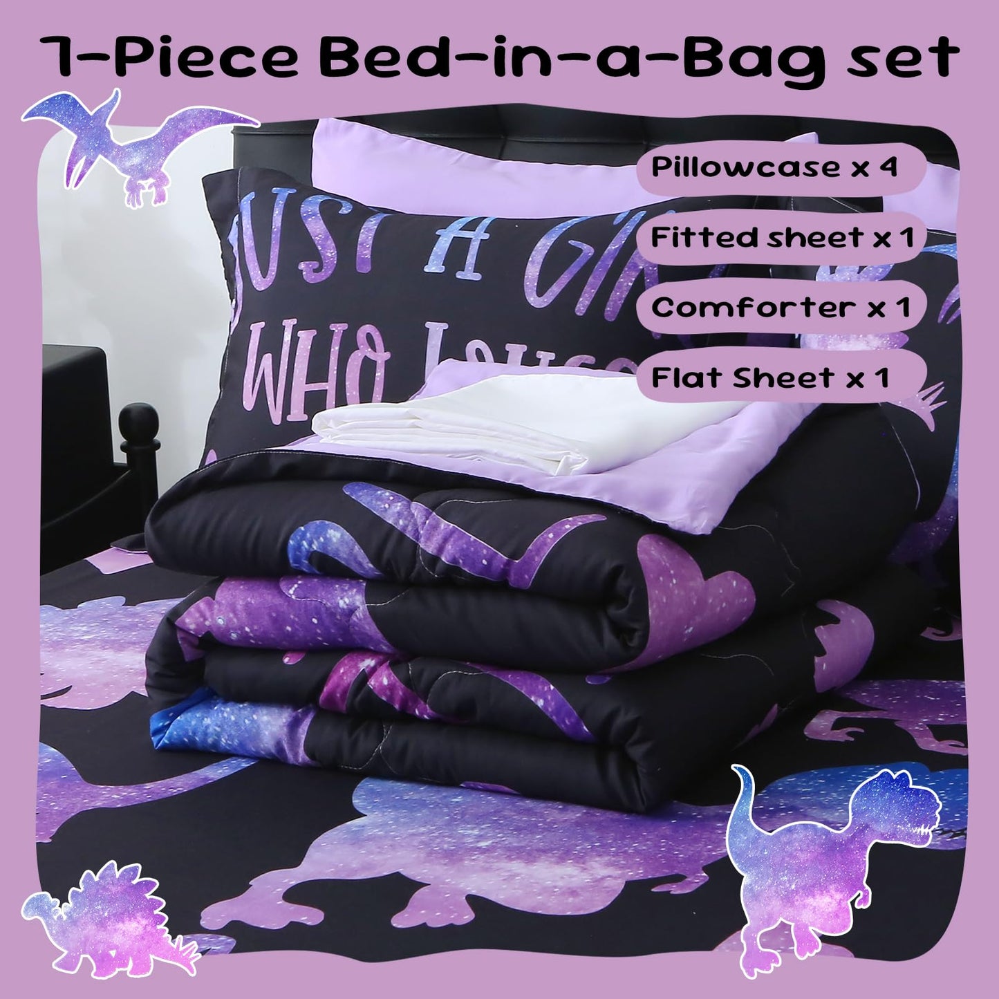 Jameswish 7 Piece Girls Dinosaur Comforter Set Full Size Violet Dinonsaur Soft Microfiber Bed in A Bag with Comforter,Sheet Set,Pillowcase and Sham for Child Teens All Season